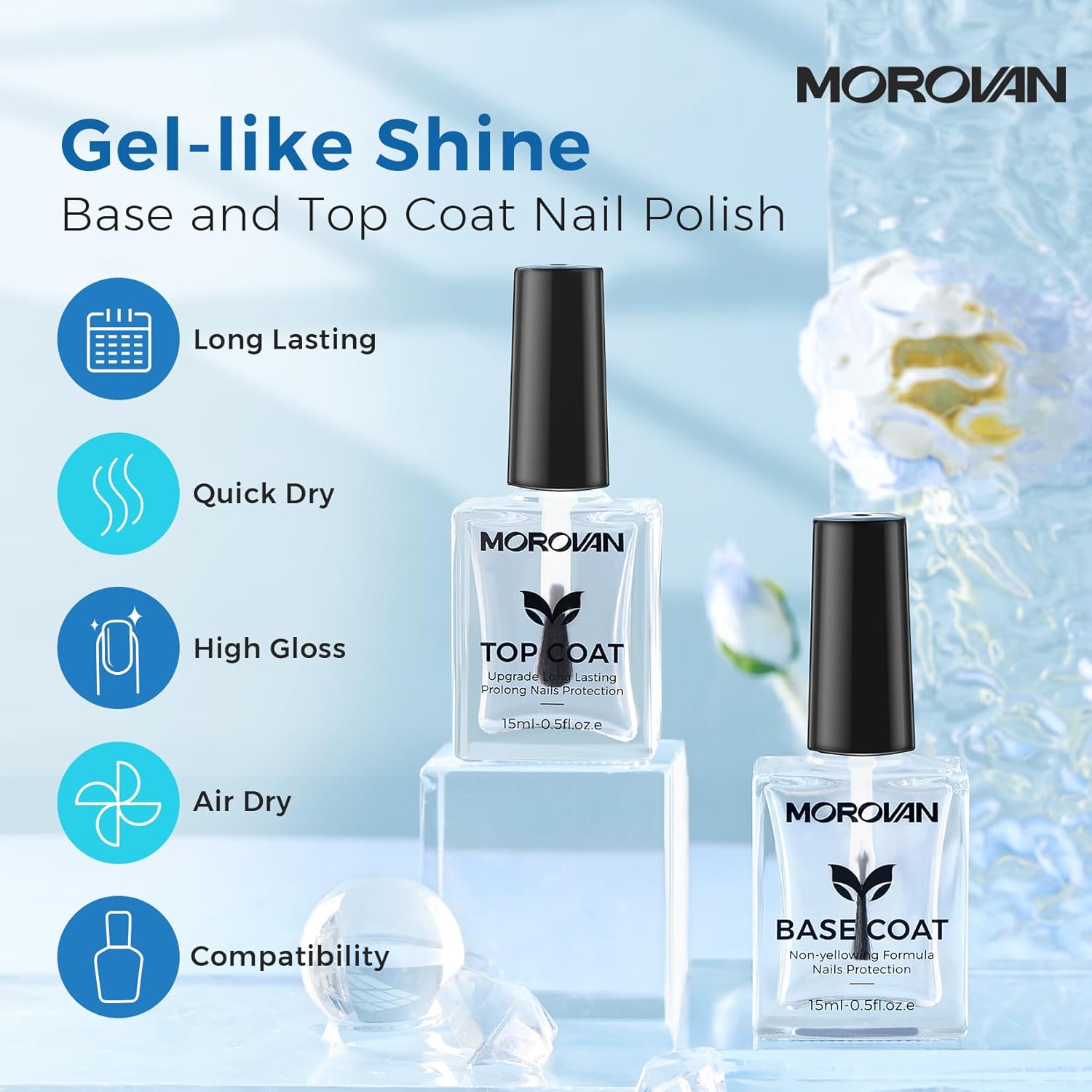 Base Top Coat Nail Polish: Clear Quick Dry High Glossy Nail Polish Shiny No Chip Long Lasting Air Dry Top Coat for Nail Art Manicure Salon Quality Women Gift - Image 2