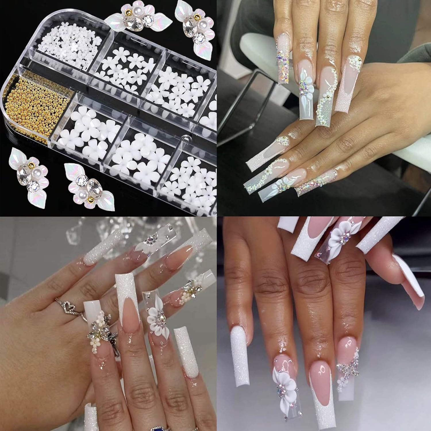 Nail Art Charms 3D Flower Nail Charms for Acrylic Nails White Gold Nail Art Supplies Luxurious Gems Rhinestones Pearls Design Nail Accessories for Women and Girls Nail Decorations. - Image 2