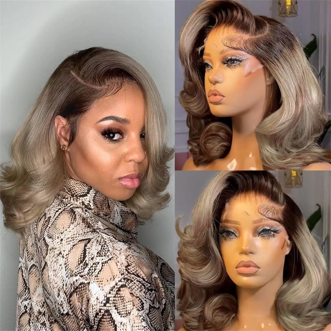 200% Density Ombre Ash Blonde Lace Front Bob Wig Human Hair Body Wave 13x4 Thicker Ombre Brown Roots with Grey Ash Blonde Short Bob Wig Pre Plucked with Baby Hair for Women 14 Inch - Image 2