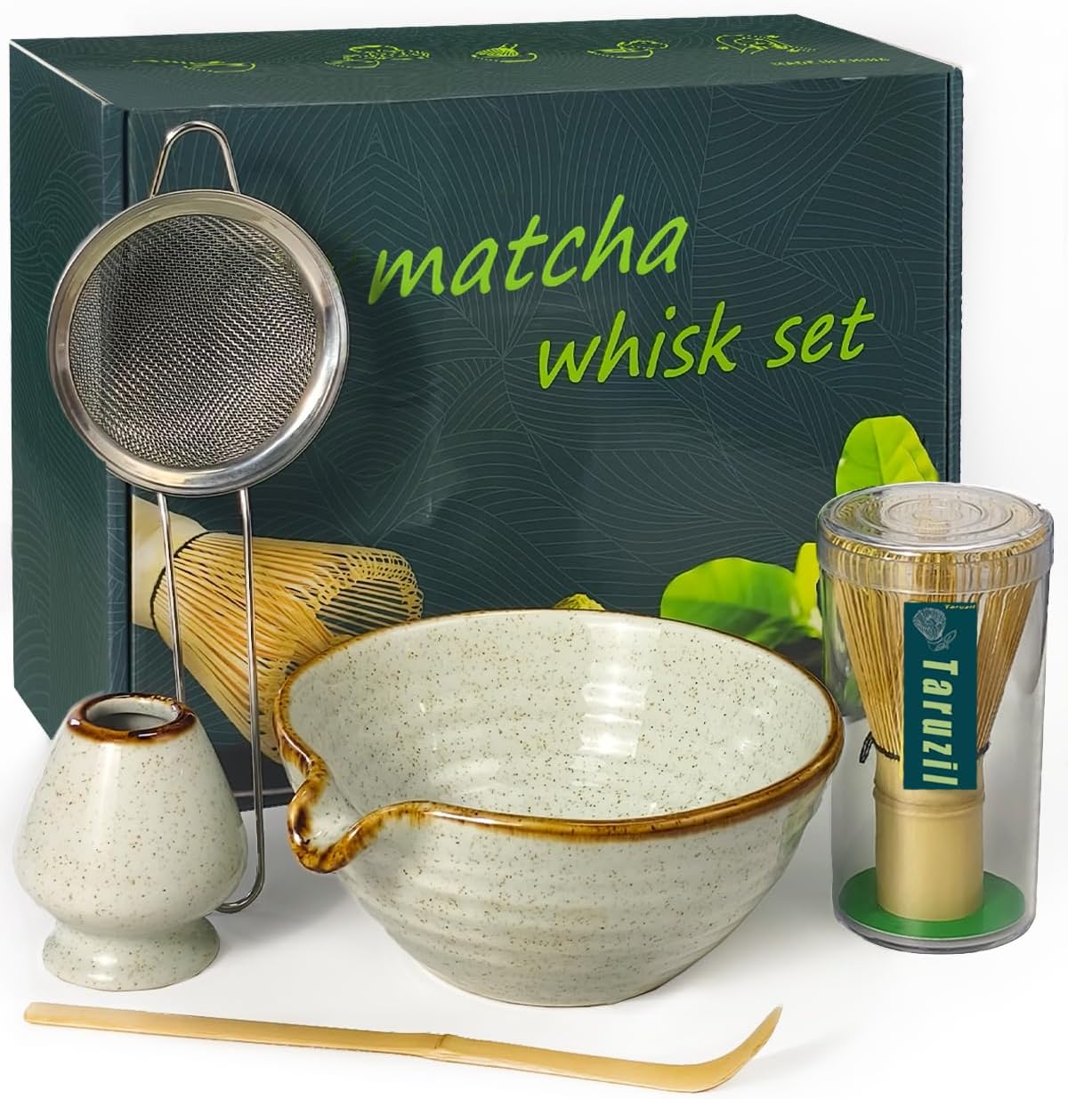 Matcha Whisk Set with Matcha Bowl, Matcha Bamboo Whisk, Scoop, Sifter, Matcha Whisk Holder Unique Gifts for Women Men Girl Friend Home Kitchen Decor Gifts for Christmas, Birthday,Halloween