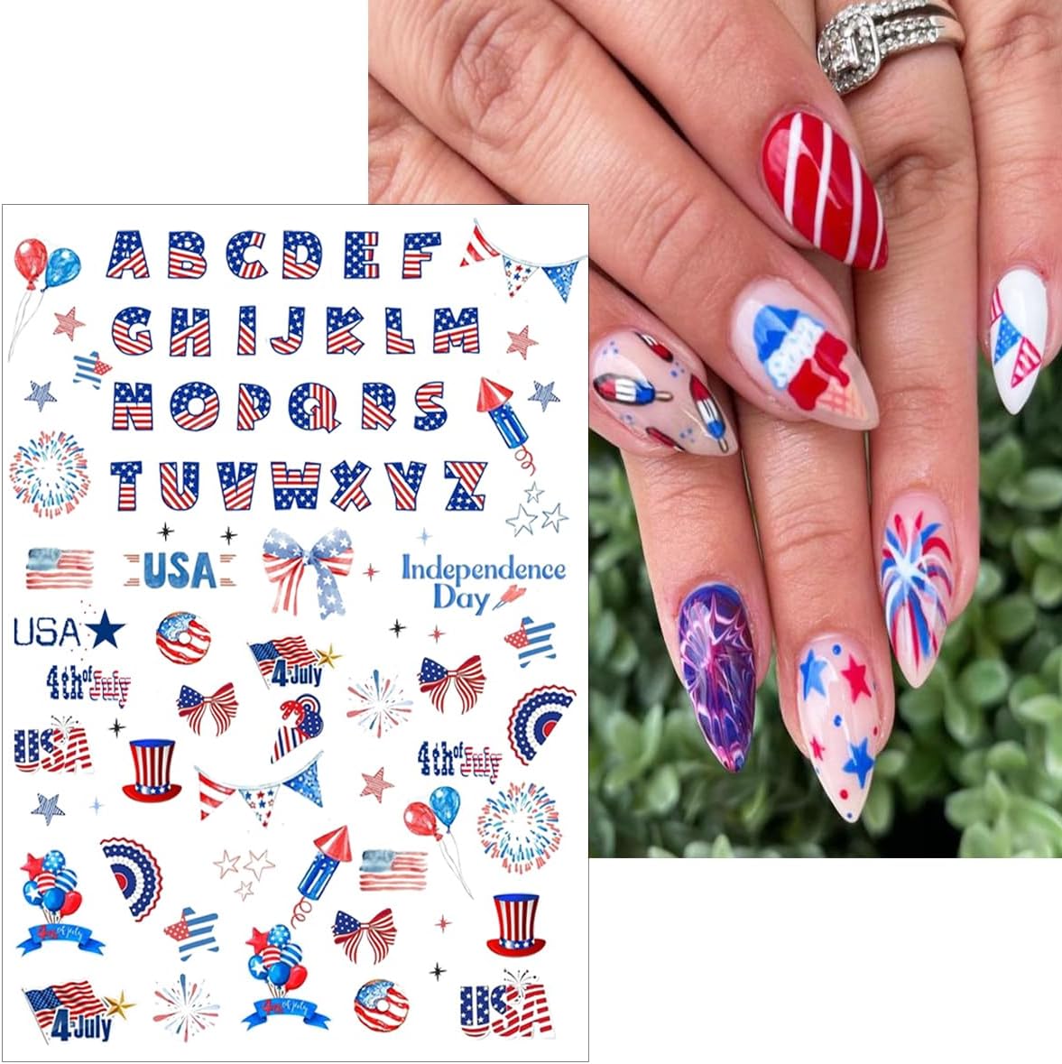 6 Sheets 4th of July Nail Stickers for Nail Art 3D Self Adhesive Independence Day Nail Art Stickers American Flag Stars Letters Fireworks USA Nail Decals Fourth of July Design Sticker for Women - Image 3