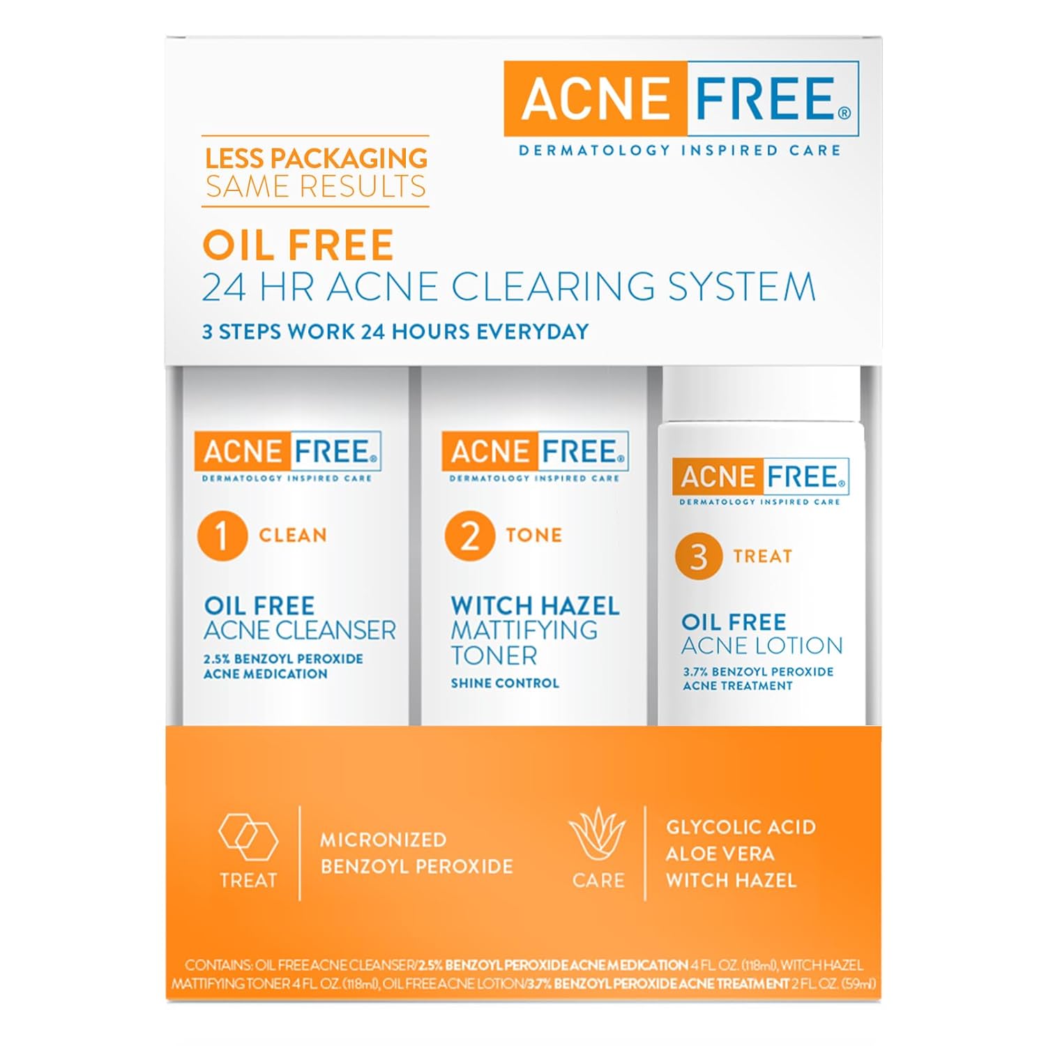 Acne Free 3 Step 24 Hour Acne Treatment Kit - Clearing System W Oil Free Acne Cleanser, Witch Hazel Toner, & Oil Free Acne Lotion - Acne Solution W/ Benzoyl Peroxide for Teens and Adults - Original - Image 7