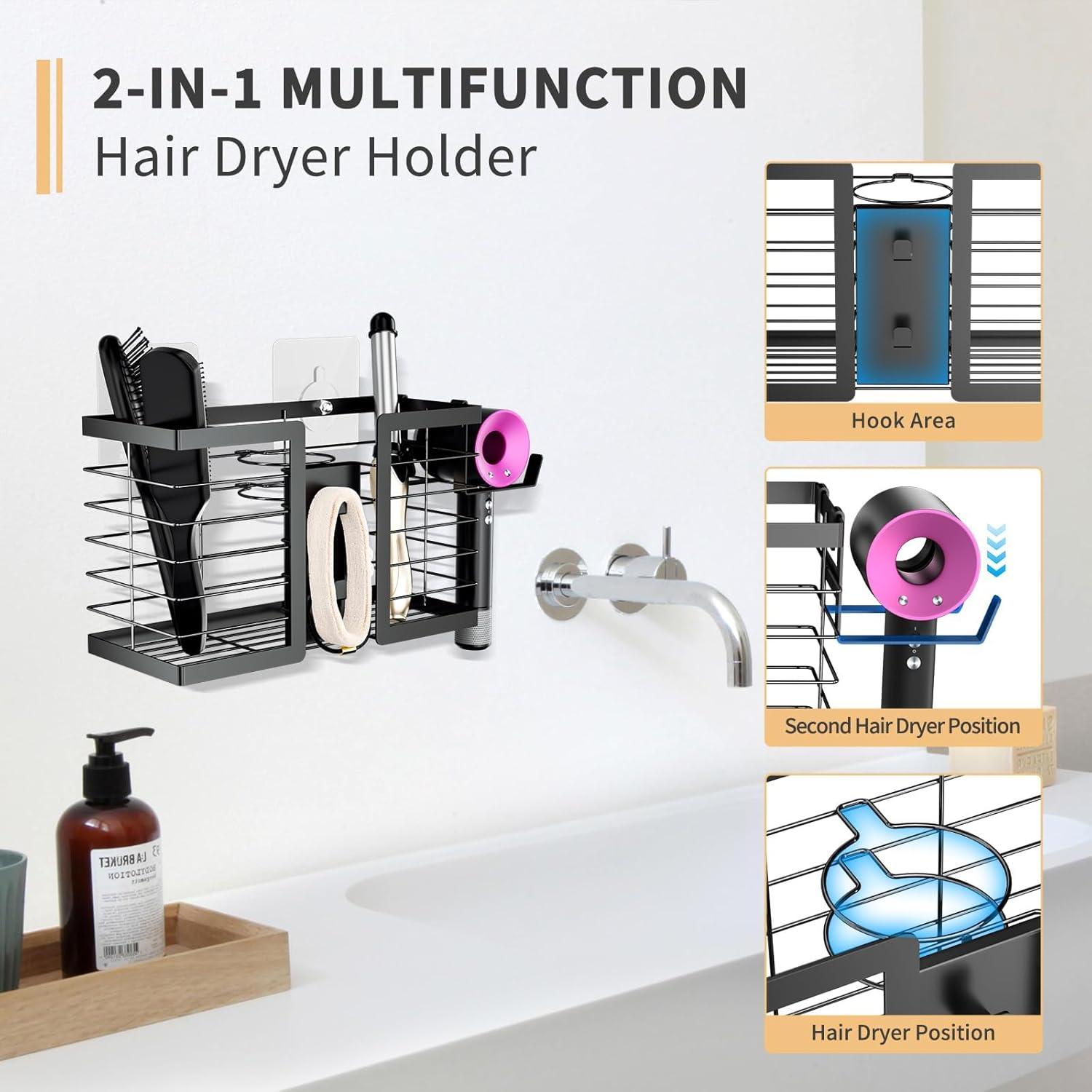 Hair Tool Organizer - Hair Dryer Holder, 3 in 1 Metal Bathroom Organizer Wall Mount for Flat Iron, Curling Iron, Straightener, Styling Tools Bathroom Storage and Organizer (Black) - Image 3