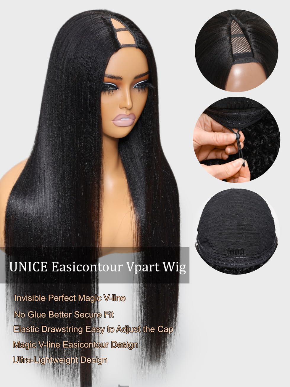 UNICE EasiContour V Part Wigs Human Hair Yaki Straight Glueless Wigs Human Hair Clip in Vpart Wig No Sew in No Glue Upgrade U Part Human Hair Wig Beginner Friendly 16 inches - Image 4