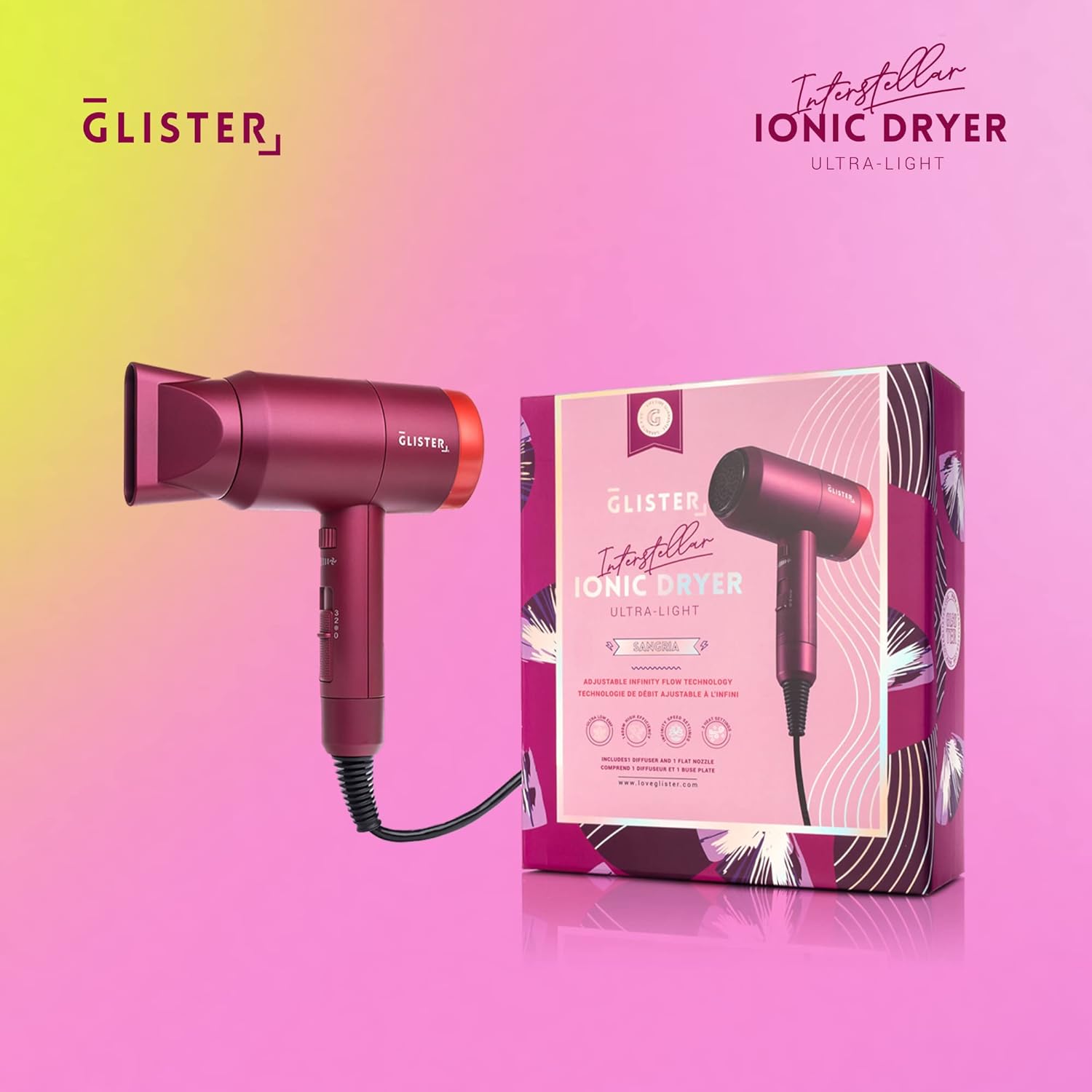 Glister Interstellar, Lightweight Blow Dryer, Fast Drying Negative Ion Hairdryer Blowdryer, 3 Heat Settings & Infinity Speed, with Diffuser and Concentrator Nozzle for Home & Travel - (Red) - Image 9