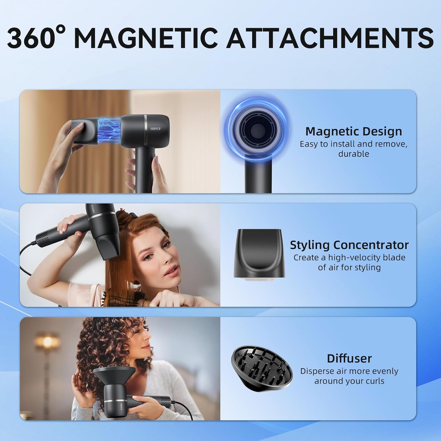 Hair Dryer, 160000RPM High Speed Hair Dryer,Professional Blow Dryer 500 Millions Negative Ionic Care Fast Drying Ionic Blow Dryer, Thermo-Control Low Noise with Magnetic Nozzle & Diffuser, Black - Image 6