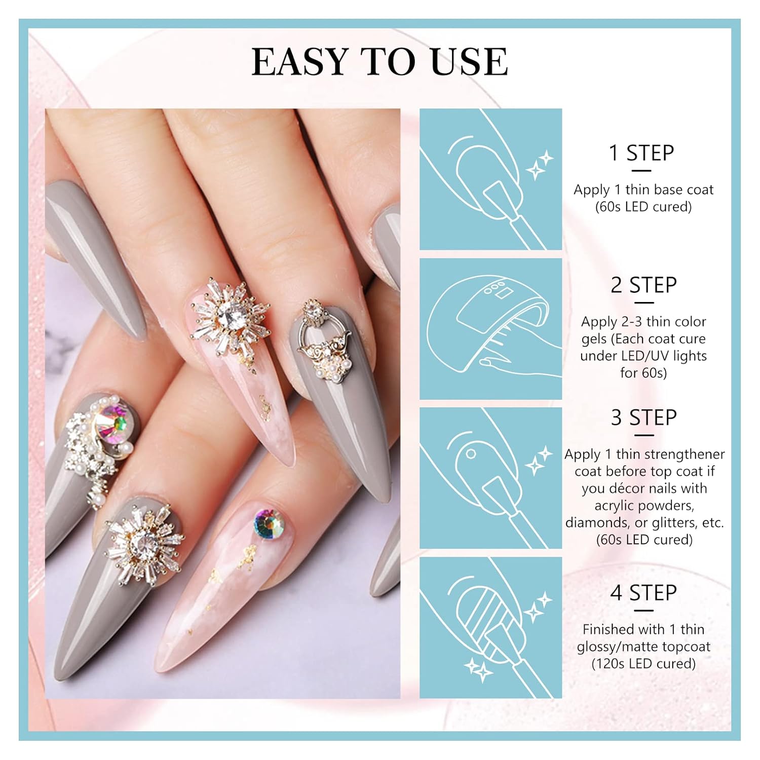 AIBRIT Gel Nail Polish Kit 24 Pack with Gel Strengthener Coat, Base Coat and No Wipe Glossy & Matte Top Coat, Spring Summer Pastel Pink Green Blue Yellow Glitters Nail Polish, Soak Off UV LED Gel Polish, 7 Colors Gel Gems and 3 Nail Atr Brushes for Manicure, 8ml/0.28fl oz - Image 4