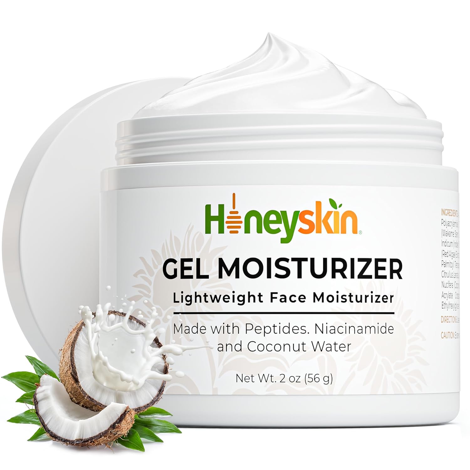 Honeyskin Gel Moisturizer for face – Lightweight Water Gel Infused with Coconut water with Niacinamide & Peptides for Deep Hydration – Hypoallergenic Face Moisturizer for Women 2oz