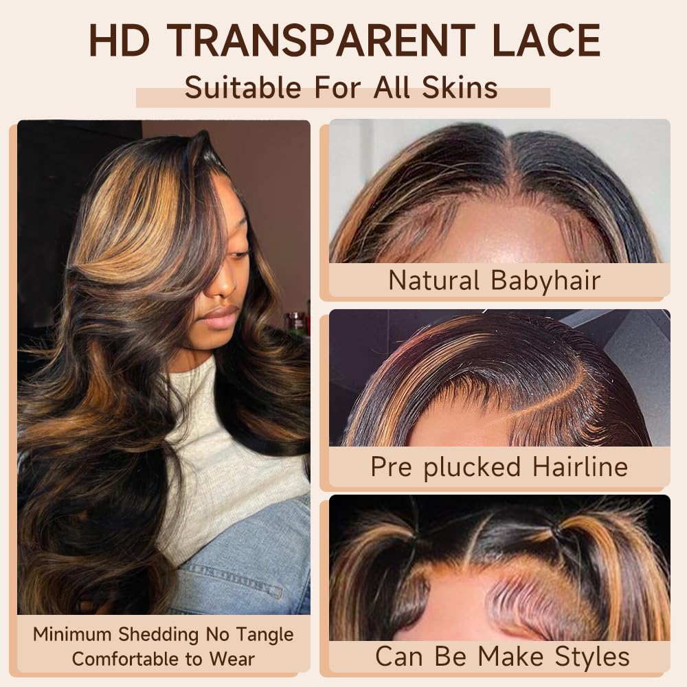 28 Inch Ombre Lace Front Wig Human Hair 1B/30 Body Wave Highlight Lace Front Wigs Human Hair Colored 13x4 Ombre Brown Wig Human Hair 200% Density Glueless HD Lace Frontal Wigs Human Hair - Image 3