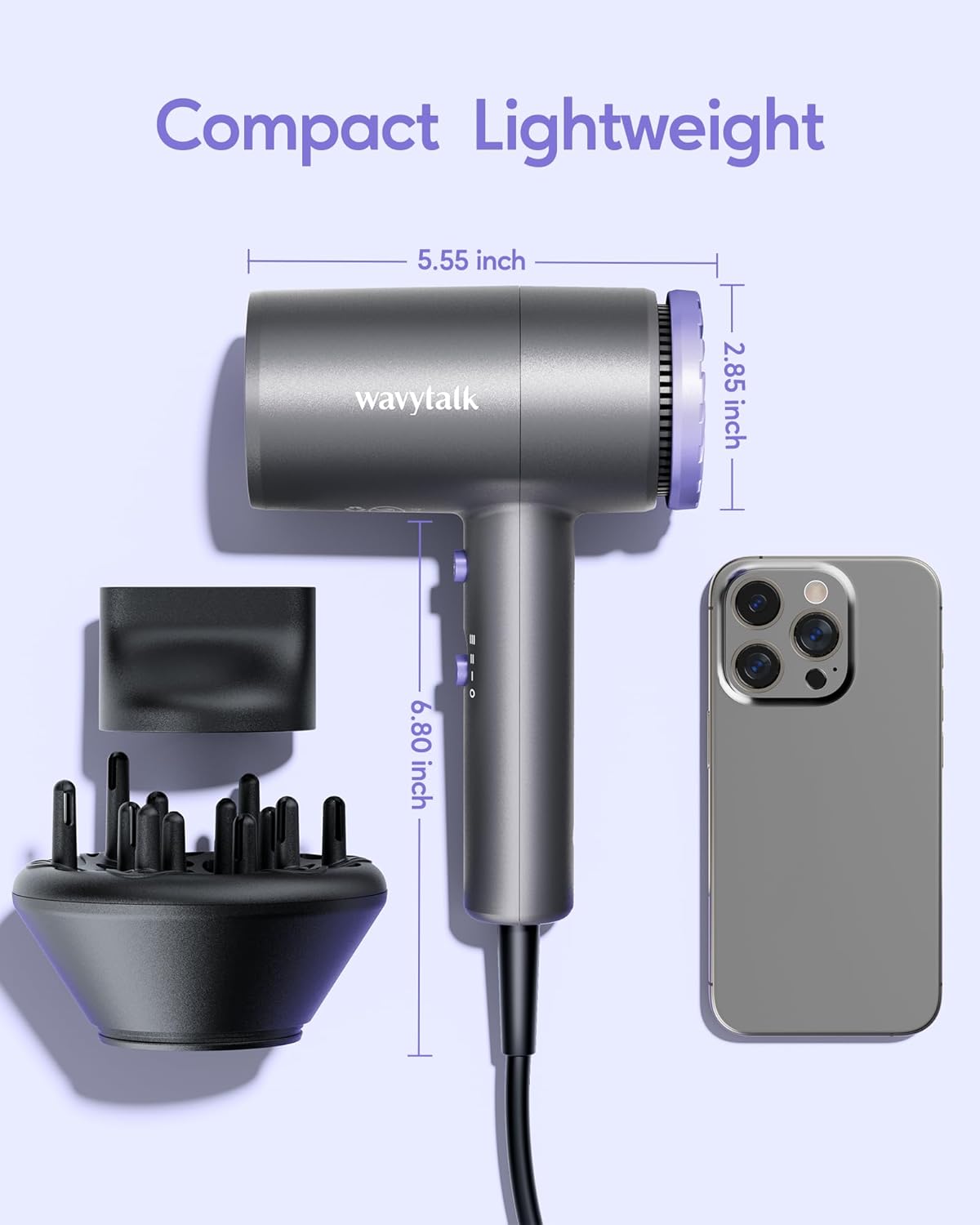 Wavytalk Hair Dryer with Diffuser 1875W Ionic Blow Dryer for Fast Drying with Concentrator Lightweight, Purple. - Image 4