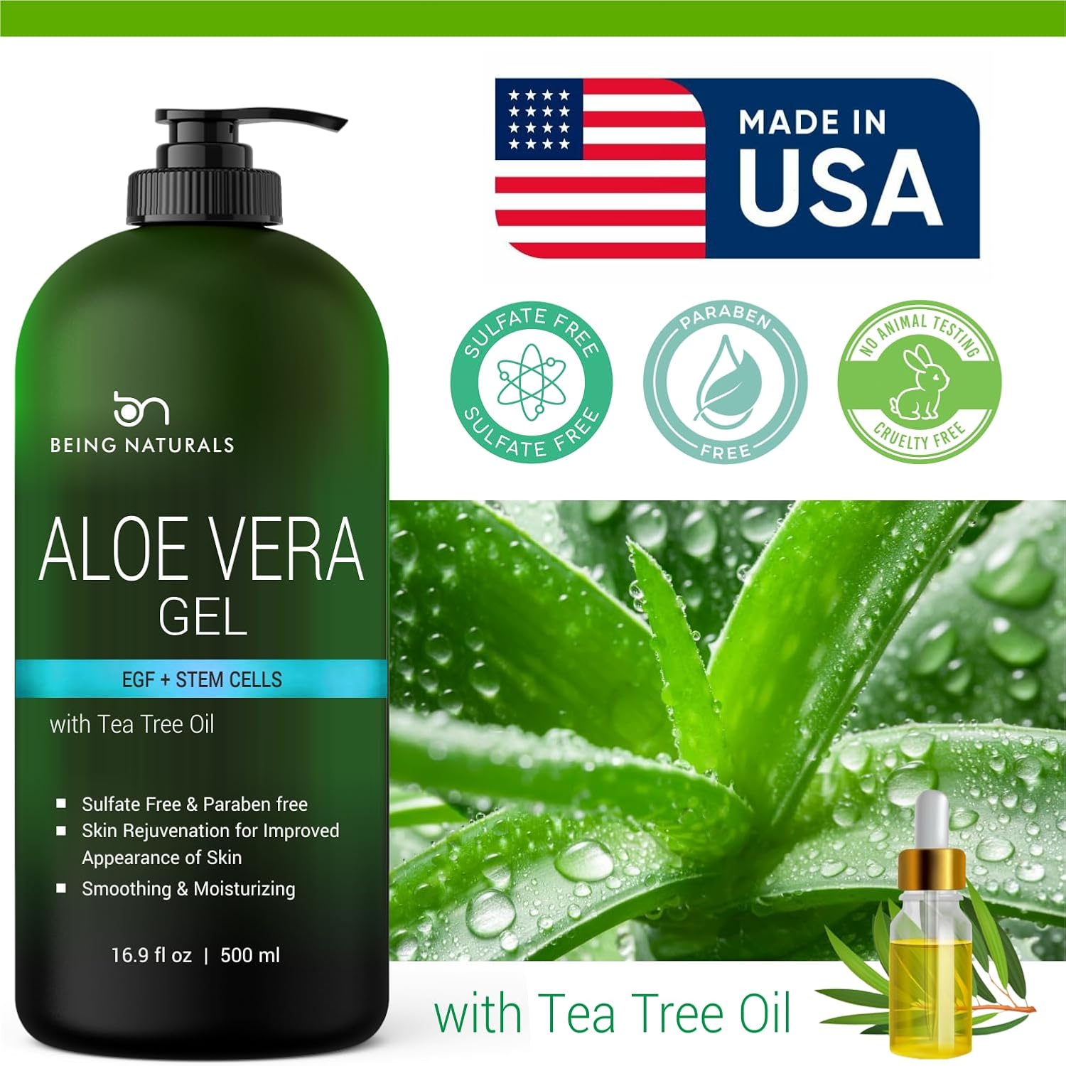 Aloe vera Gel - from 100% Pure Organic Aloe Infused with EGF, Stem Cell, Rosemary Oil - Natural Raw Moisturizer for Face, Body, Hair. Perfect for Sunburn, Acne, Razor Bumps 16.9 fl oz - Image 4