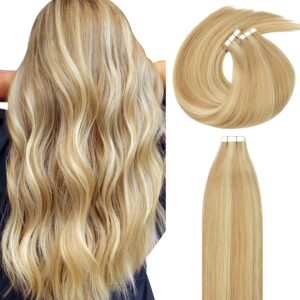 Lacer Natural Tape in Hair Extensions Remy Human Hair Dip Dyed Balayage Seamless PU Skin Weft 100% Real Virgin Hair Piano Golden Blonde to Platinum Blonde Double Side 50g 20pcs/set 16 Inch P#12/60