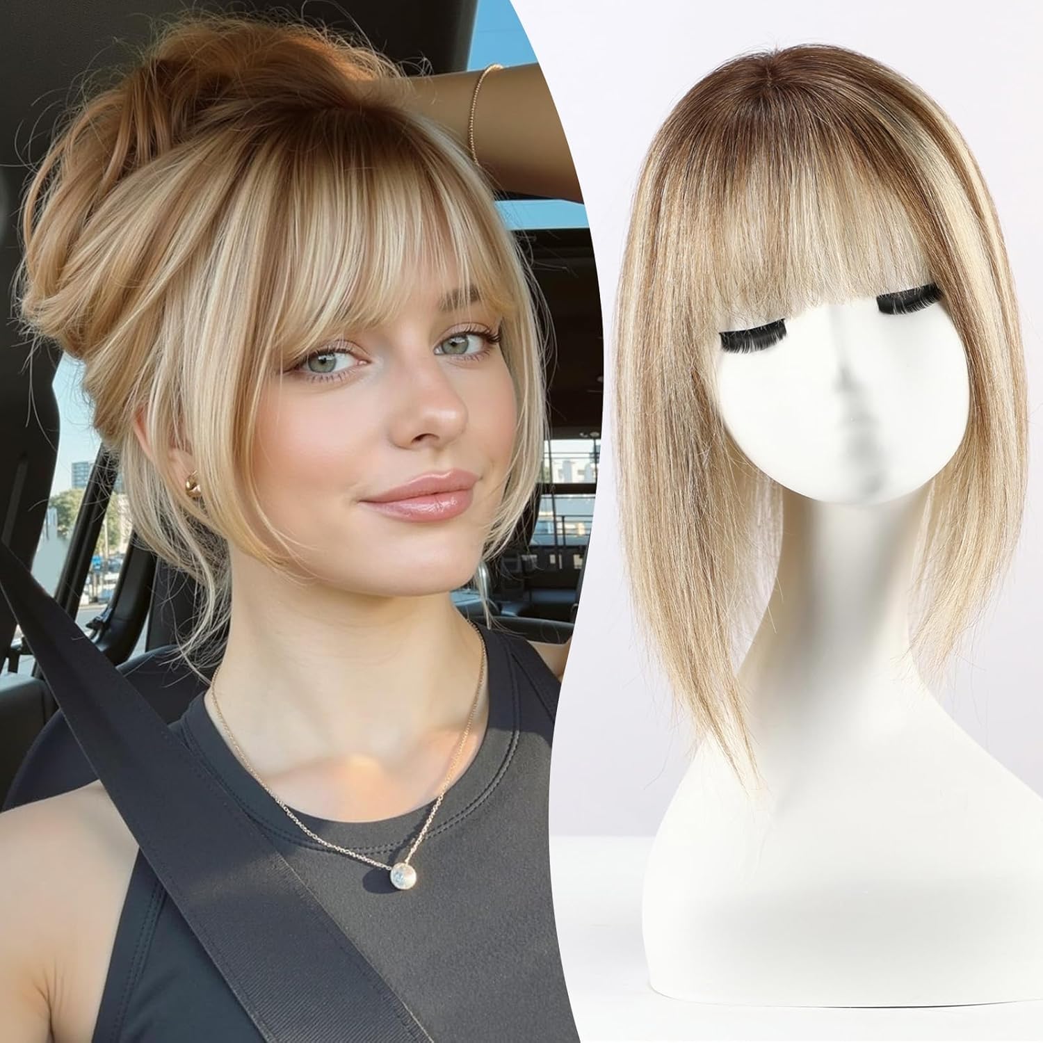 EMMOR Human Hair Toppers for Women with Thinning Hair with Bangs 12inch Skin Scalp 5"×6" Big Base Cover Hair Loss Top Hairpieces Wiglets(Ombre Blonde with Highlight)