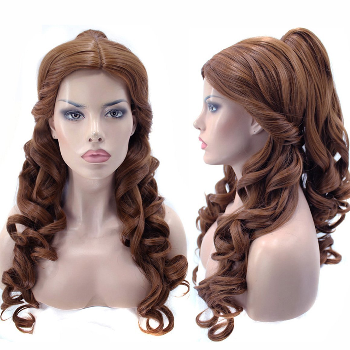 ANOGOL Hair Cap+Women Ponytail Wigs Curly Auburn Brown Cosplay Costume Wig for Halloween Costume Cosplay Wig, Curly Brown Wig Peluca De Princesa Brown Ponytail Wig For Halloween Party