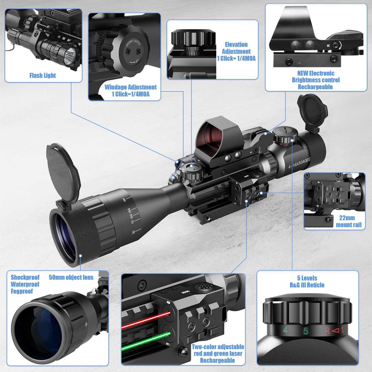 4-16x50AO Rifle Scope Combo Red/Green Dual Illuminated with Green Laser 4 Holographic Reticle Red Dot 5Modes Flashlight for Rail Mount - Image 2