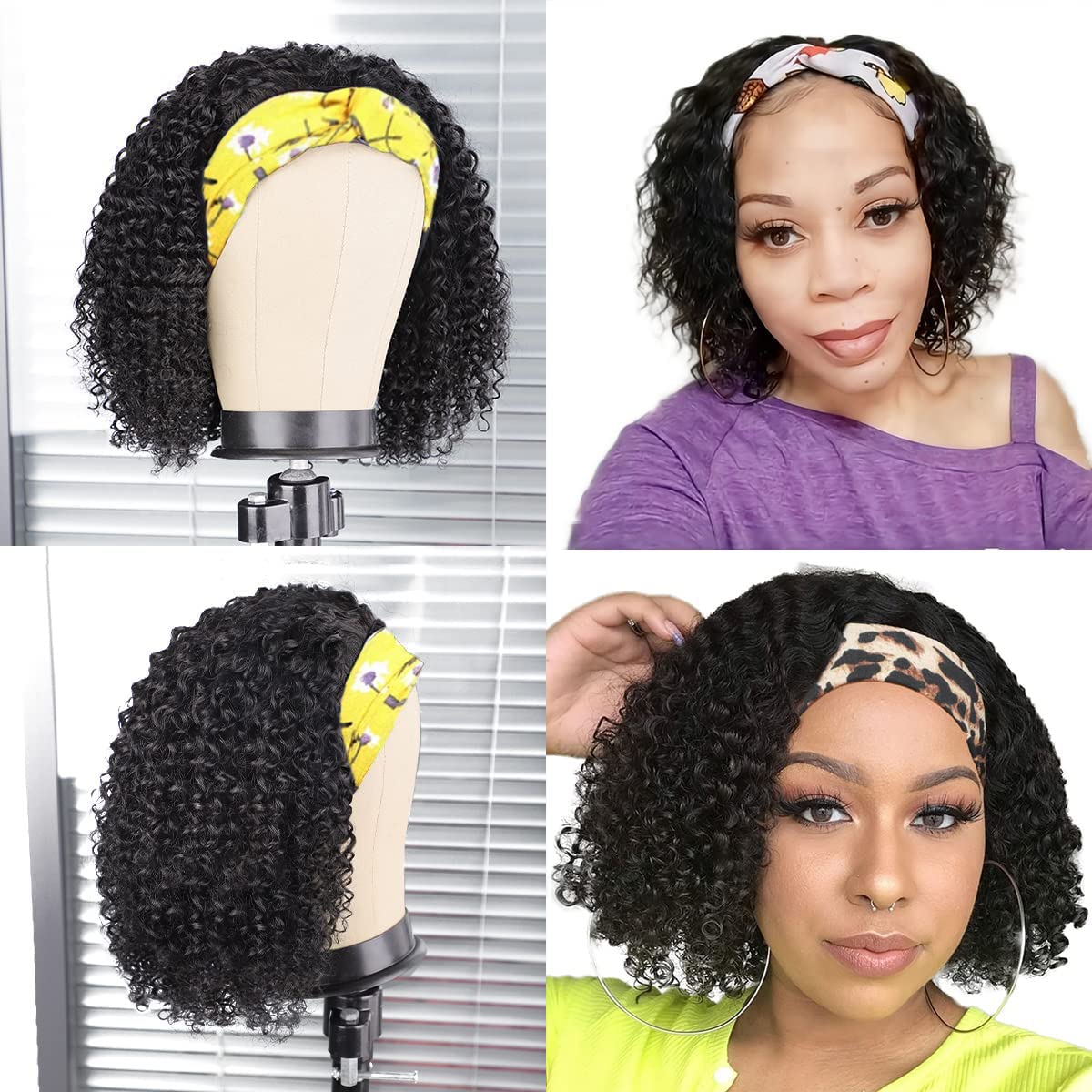 Aiterina Headband Wig Deep Wave 12 Inch Human Hair Headband Wig Curly hair Glueless Human Hair Wigs Machine Made No Lace deep Curly Headband Wigs Natural color - Image 3