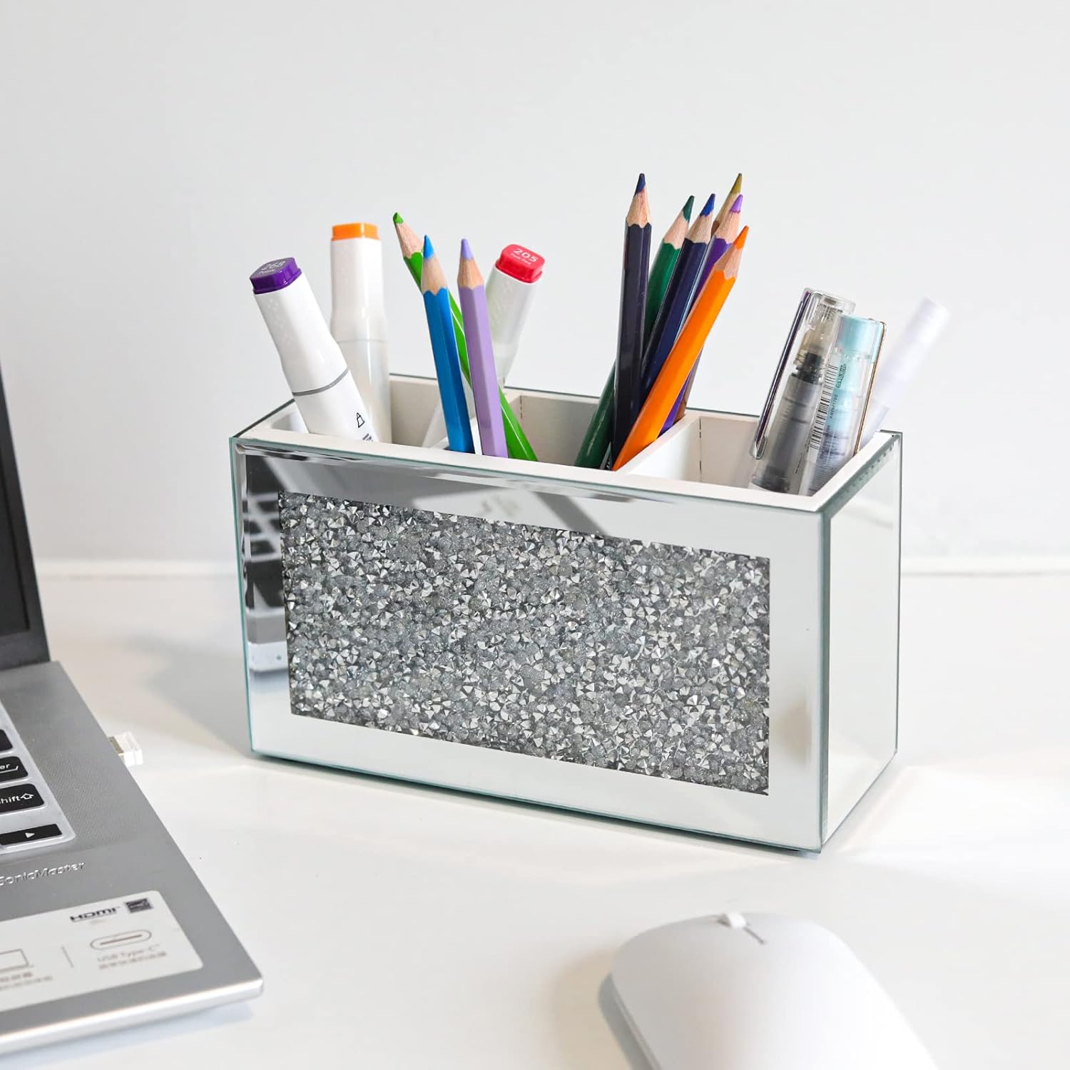 SWTHONY Silver Makeup Brush Holder Organizer, Bling 3 Slot Crushed Diamond Crystal Mirrored Cosmetic Brushes Storage, Eyeliners Eyebrow Pencil Display Case - Image 6