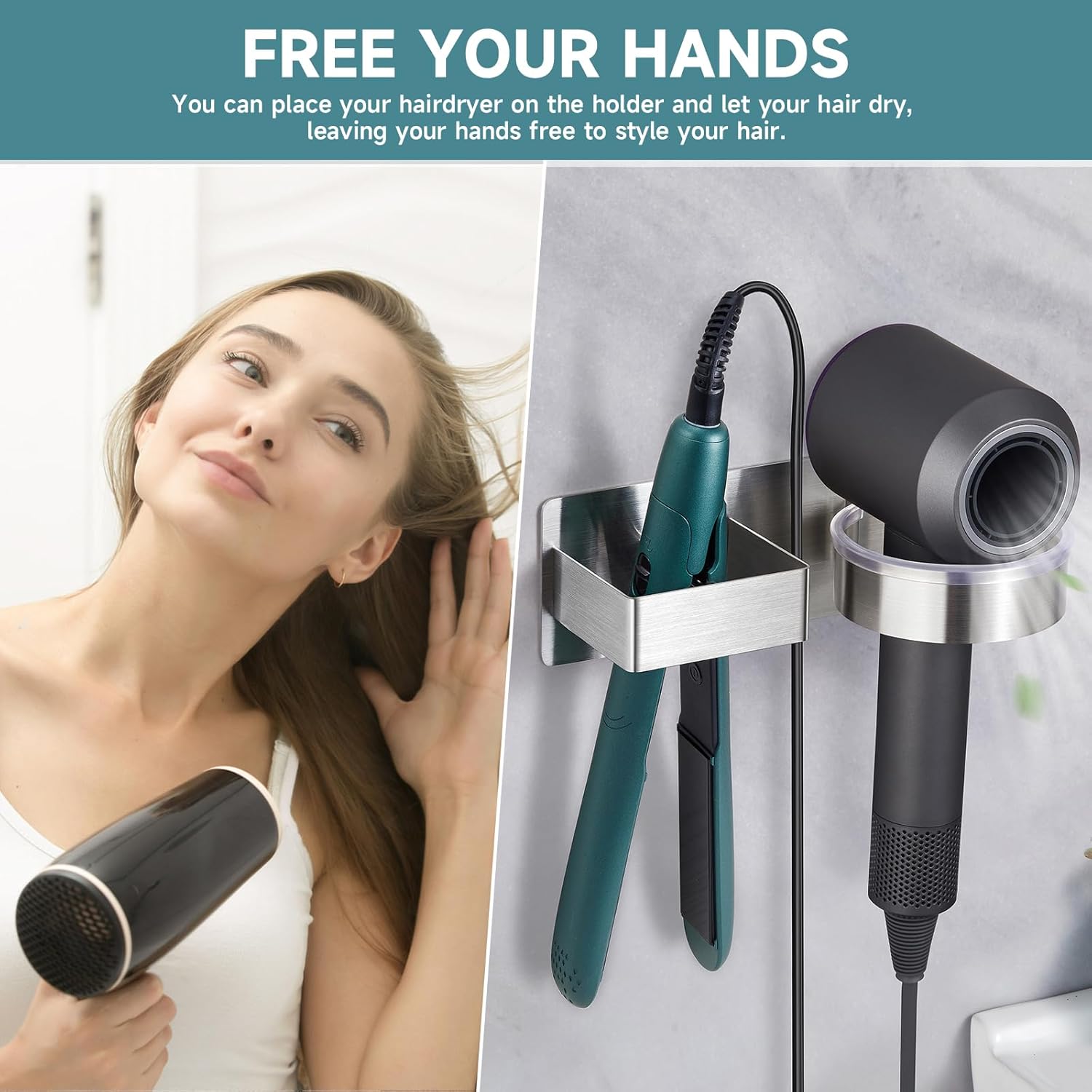 Hair Dryer Holder, Hair Tool Organizer, Stainless Steel Blow Dryer Holder Wall Mounted, Adhesive Straightener Holder, Bathroom Hair Care Styling for Flat Iron,Curling Iron,Hairdryer - Image 8