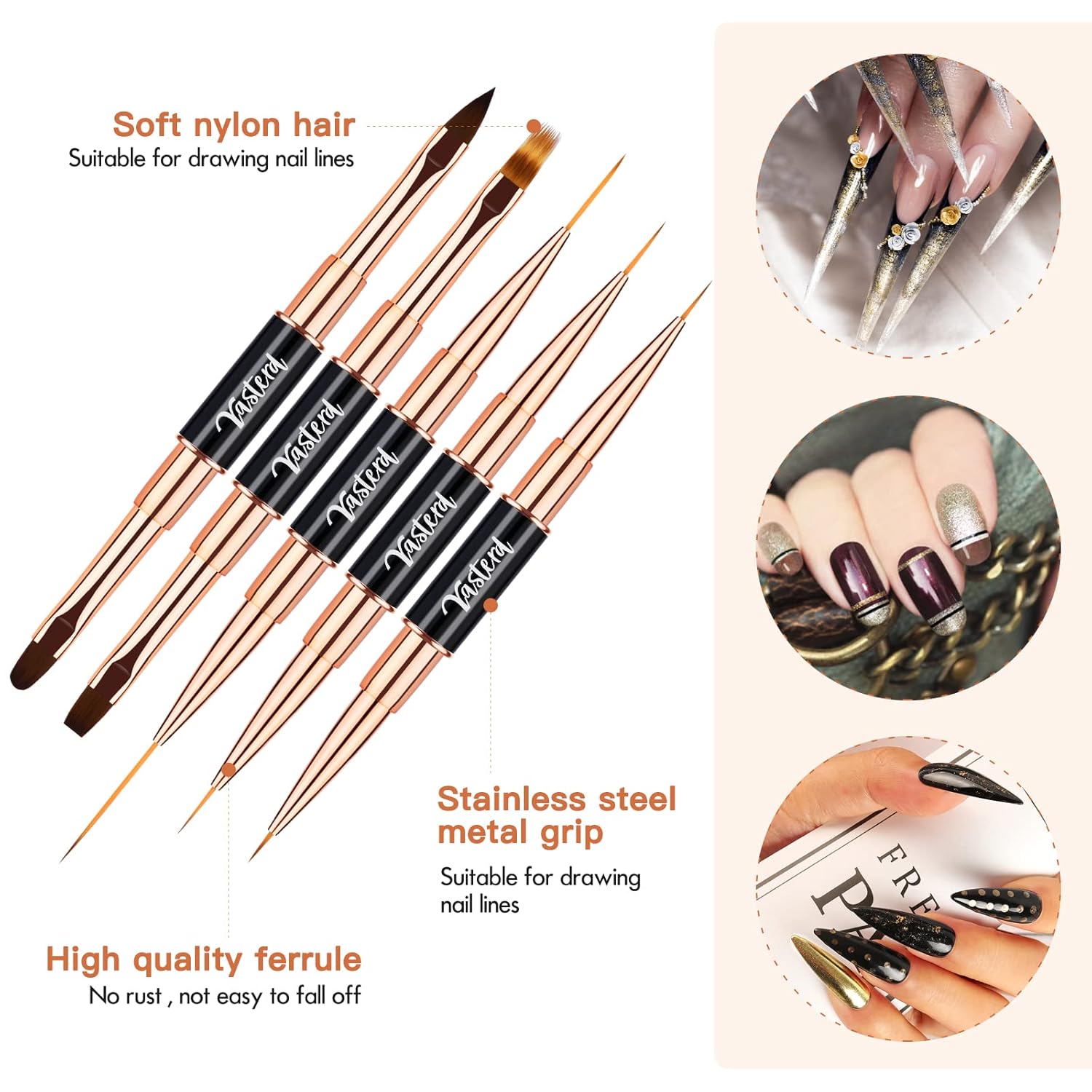 Yasterd Nail Art Brush Set Professional- 5pcs Double-Ended Nail Art Brushes for Long Lines, Thin Liner brush for Nails Detail, Nail Design Brush Ombre Brush 3D Brush Kits for Gel Polish Acrylic Nail Drawing - Image 2