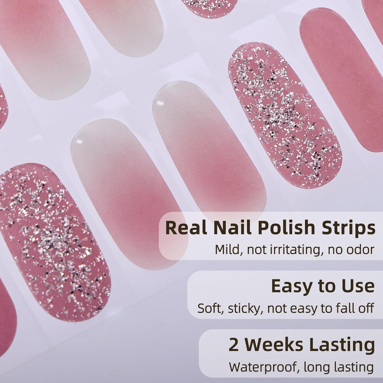 Gel Nail Strips No UV Light Needed, 22Pcs Pink Silver Glitter Gel Nail Stickers for Women, Long Lasting Nails Polish Strips, Easy to Apply & Remove - Image 3