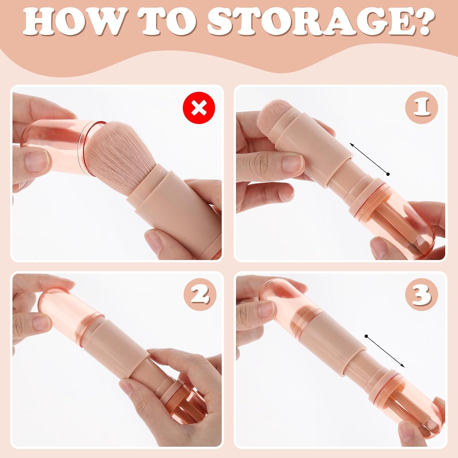 4 In 1 Travel Makeup Brushes Set Mini Cute Makeup Brush Retractable Professional Foundation Brush Make Up Holder Tool Portable Cosmetics Accessories for Powder Eye Shadow Facial Contour - Image 3