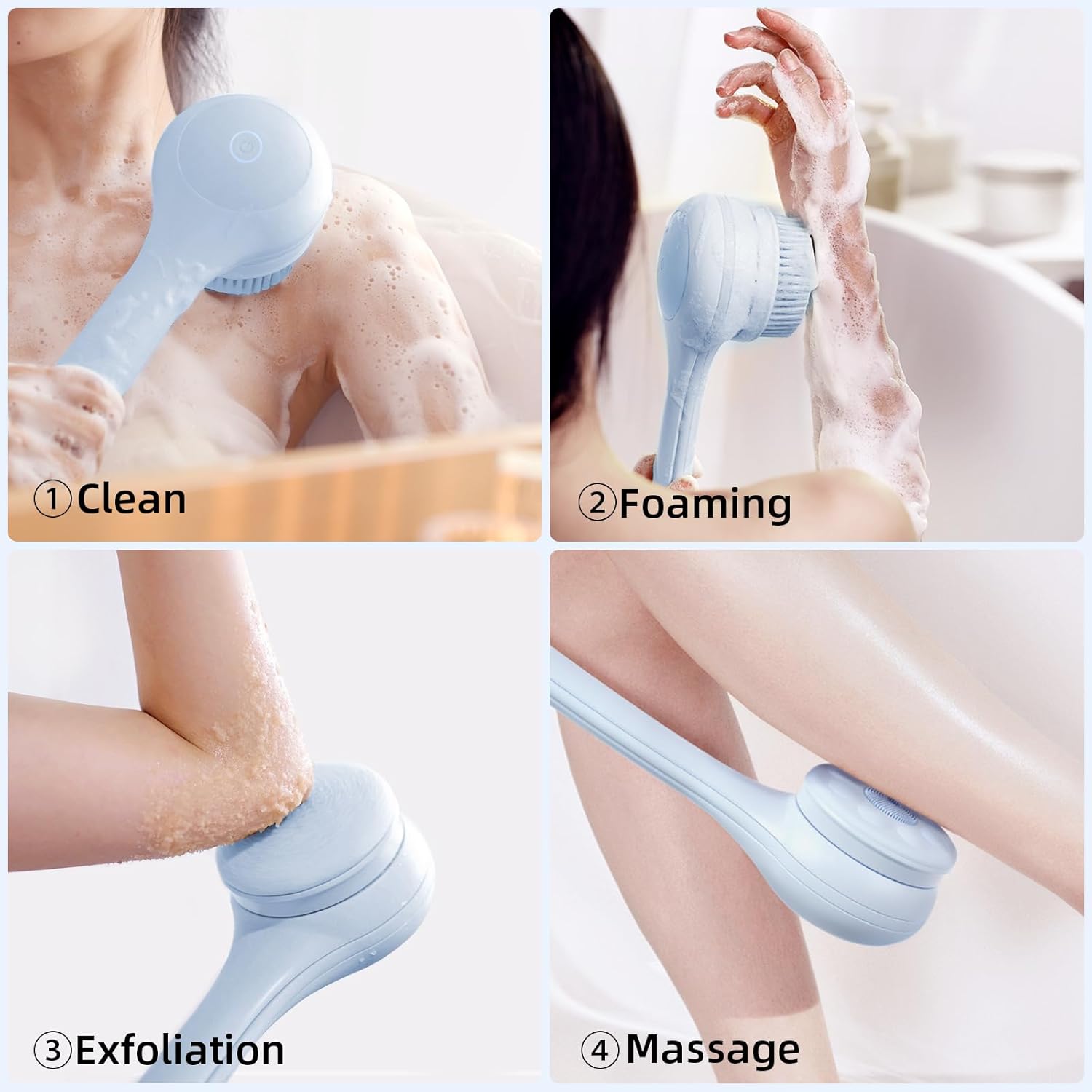 Electric Body Brush Back Scrubber for Shower, Waterproof Long Dual Handle Power Body Scrubber with 3 Heads, Rechargeable Bath Brush & 2 Speeds, for Cleansing, Exfoliating and Massaging Skin - Image 2