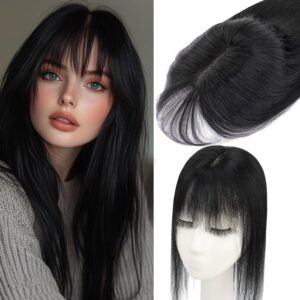 Rich Choices Hair Toppers for Women Real Human Hair 360°3D Clip in Bangs 100% Remy Human Toppers with Bang for Thinning 150% Density Upgrade Extended 2"*6"Lace Base 10 Inch #01 Jet Black
