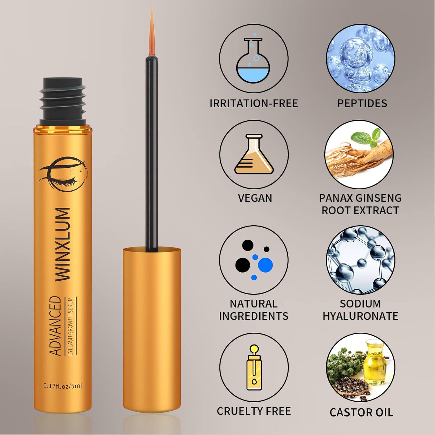 Premium Eyelash Growth Serum, Lash Growth Serum 5ML, Eyebrow Growth Serum with Peptides, Irritation-Free Eyelash Serum to Grow Lashes, Lash Boost for Fuller, Longer, Thicker, and Stronger Lashes, Gold - Image 2