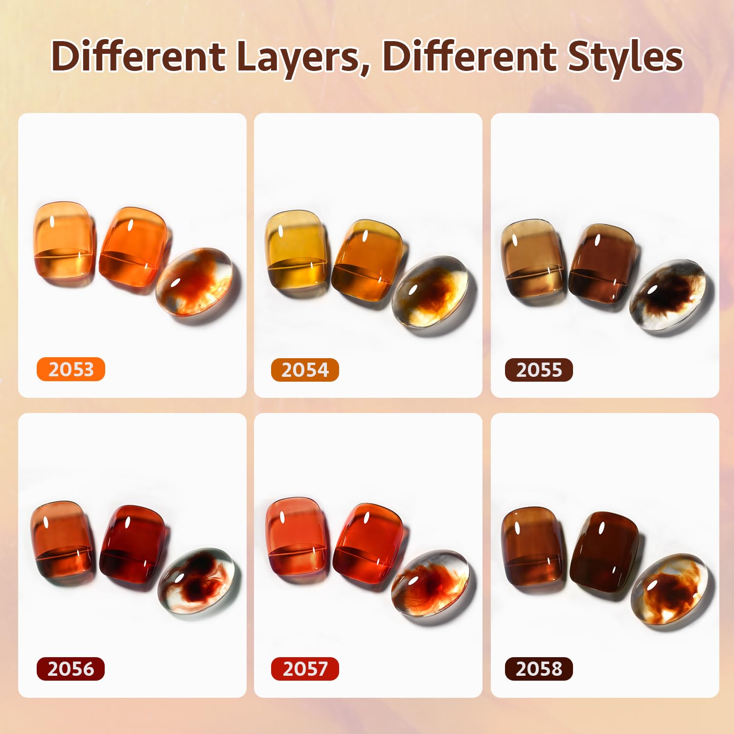 GAOY Jelly Brown Gel Nail Polish Set, 6 Transparent Colors Dark Red Orange Pumpkin Soak Off UV Light Cure Gel Polish Kit for Salon and Nail Art DIY at Home - Image 2