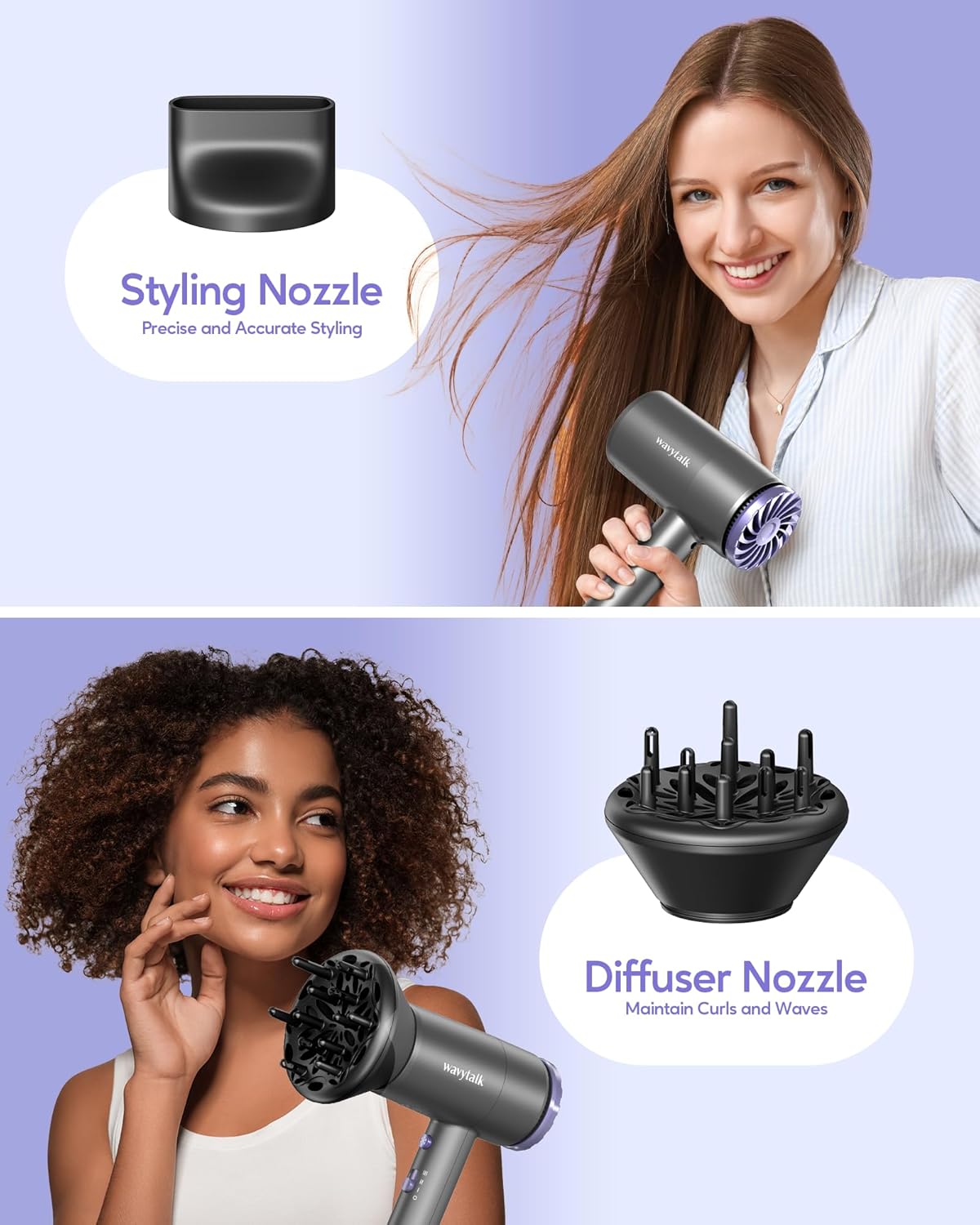Wavytalk Hair Dryer with Diffuser 1875W Ionic Blow Dryer for Fast Drying with Concentrator Lightweight, Purple. - Image 5