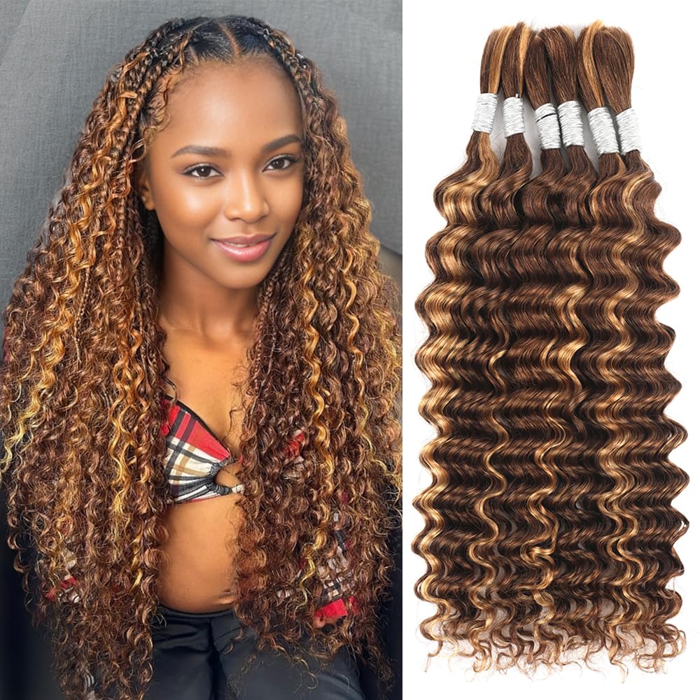 Human Braiding Hair 18 Inch 6 Bundles Human Hair Braiding Hair No Weft Deep Wave Bulk Human Hair for Braiding Hair Extensions for Boho Braids Wet and Wavy 150g P4/27#