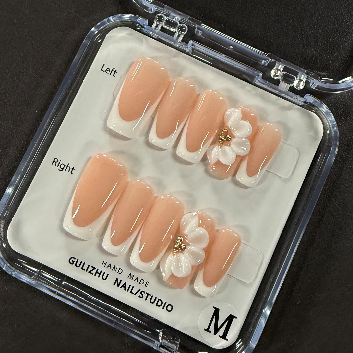 White French Tip Handmade Press on Nails Medium Square Fake Nails Muti-Layer Gel False Nails with 3D Flower Rhinestones Designs Thick Acrylic Nails Full Cover Stick on Nail for Women Nail DIY (Size M) - Image 5