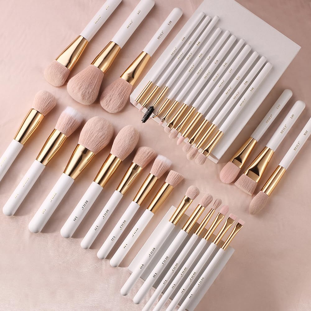 BEILI Makeup Brushes Set 30Pcs Professional Makeup Brush Premium Pink Vegan Synthetic Kabuki Foundation Blending Brush Face Powder Blush Concealers Eye Shadows Make Up Brush Set (White/Rose Golden) - Image 7