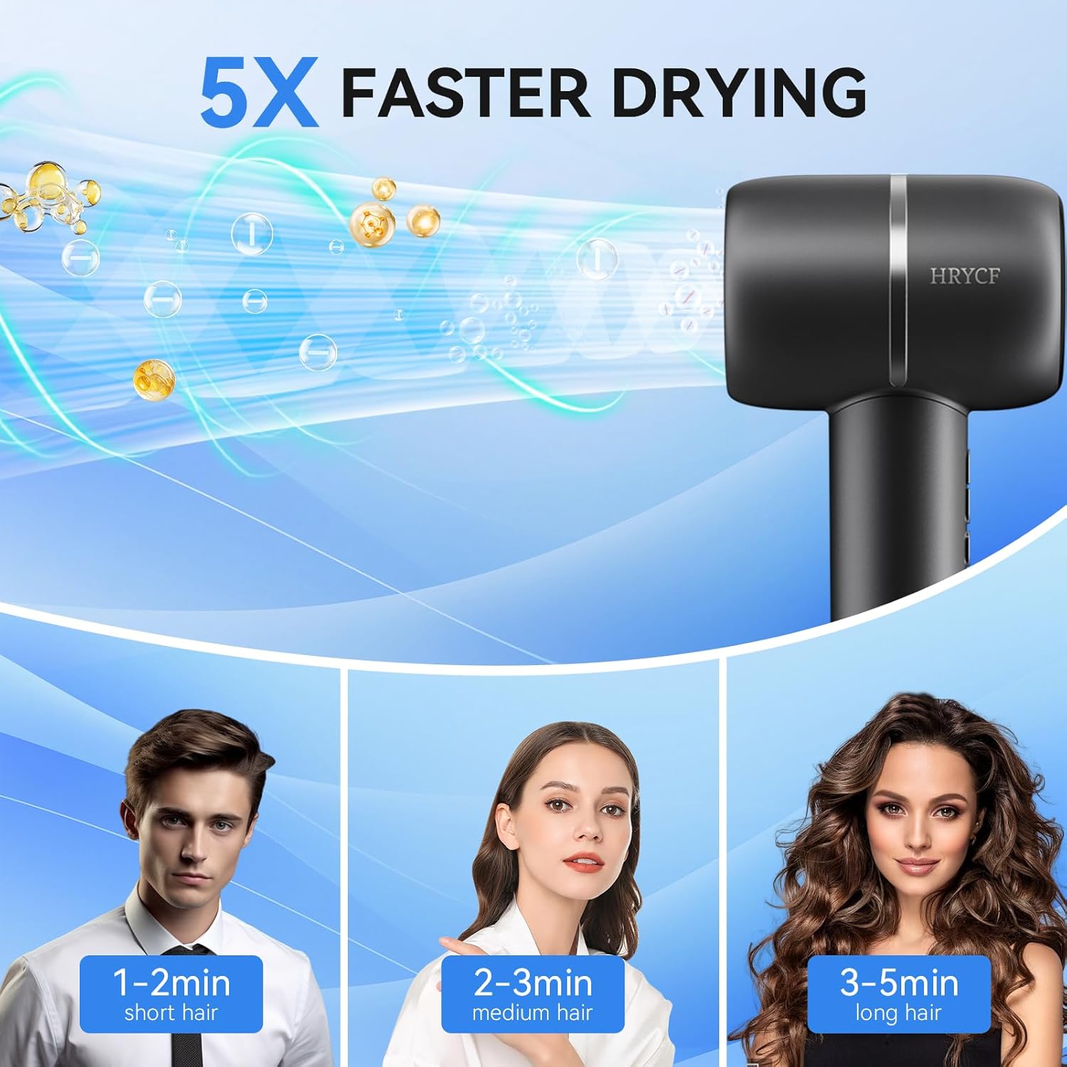 Hair Dryer, 160000RPM High Speed Hair Dryer,Professional Blow Dryer 500 Millions Negative Ionic Care Fast Drying Ionic Blow Dryer, Thermo-Control Low Noise with Magnetic Nozzle & Diffuser, Black - Image 3