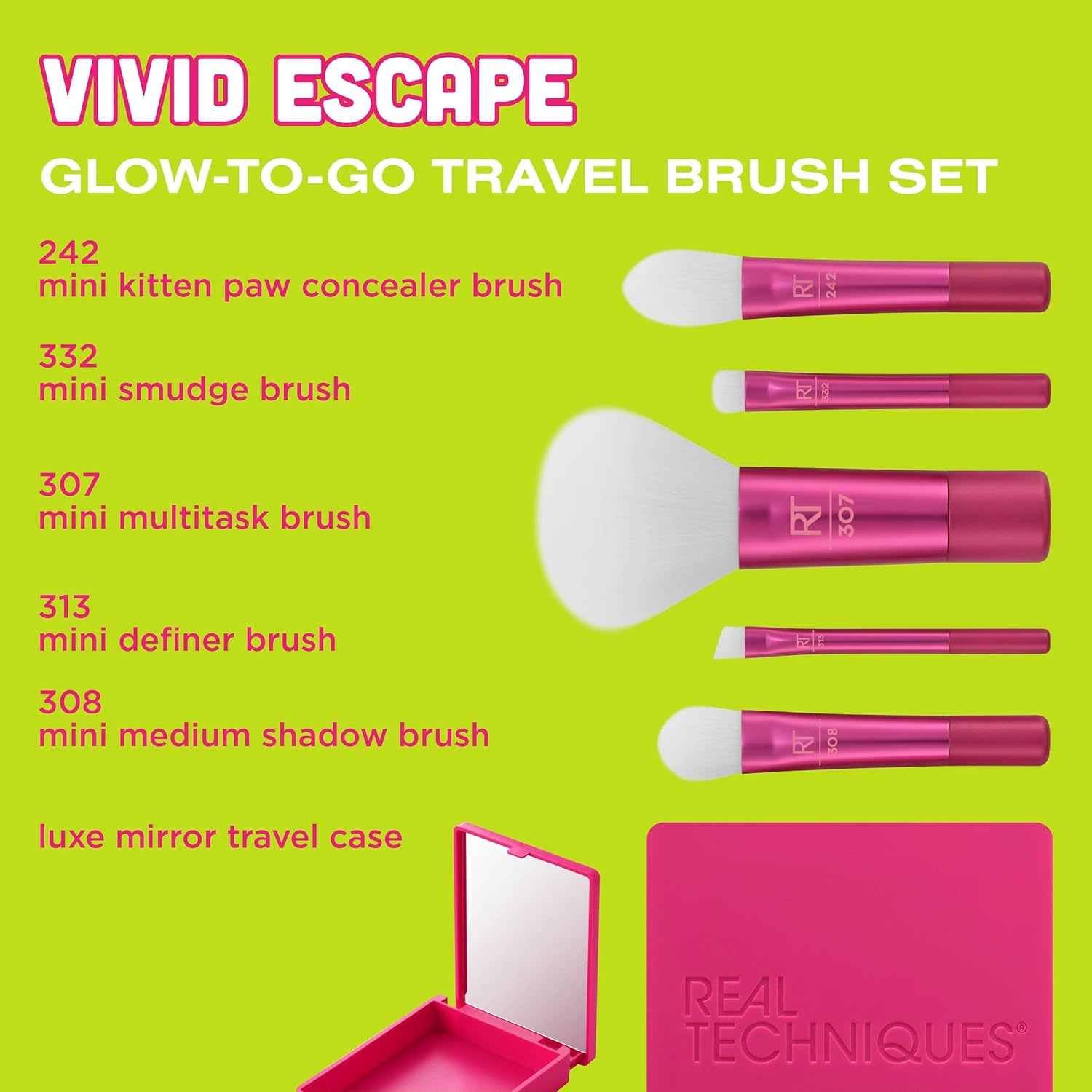 Real Techniques Vivid Escape Glow-To-Go Travel Makeup Brush 6 Piece Set, Mini Size Makeup Brushes For Eyeshadow, Concealer, Contour, & Blush, Includes Mirror Cosmetic Case, Cruelty-Free & Vegan - Image 4