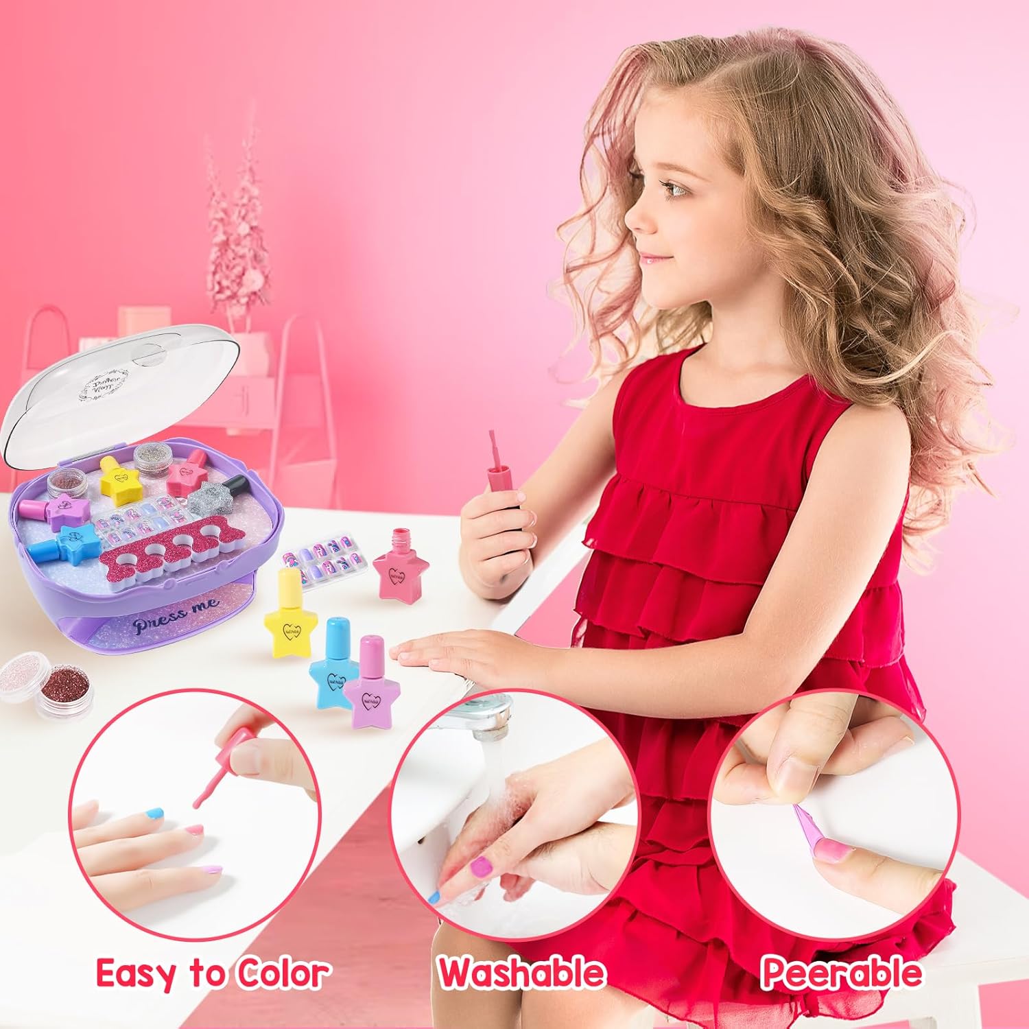 Girls Nail Polish Set Purple, Toys for Girls Age 5 6 7 8 9 10, Nail Care Kit with Nail Polish, Nail Dryer, Fake Nails, nail Glitter, Nail Filer and Toe Separator, Ideal Birthday Gifts for Girls 5-8 - Image 2