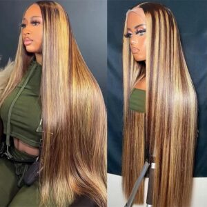 30 Inch Ombre Highlight 13x6 Lace Front Wigs Human Hair HD Transparent Straight Lace Front Wigs Human Hair Pre Plucked 180% Density Glueless #4/27 Colored Honey Blonde Wig for Women