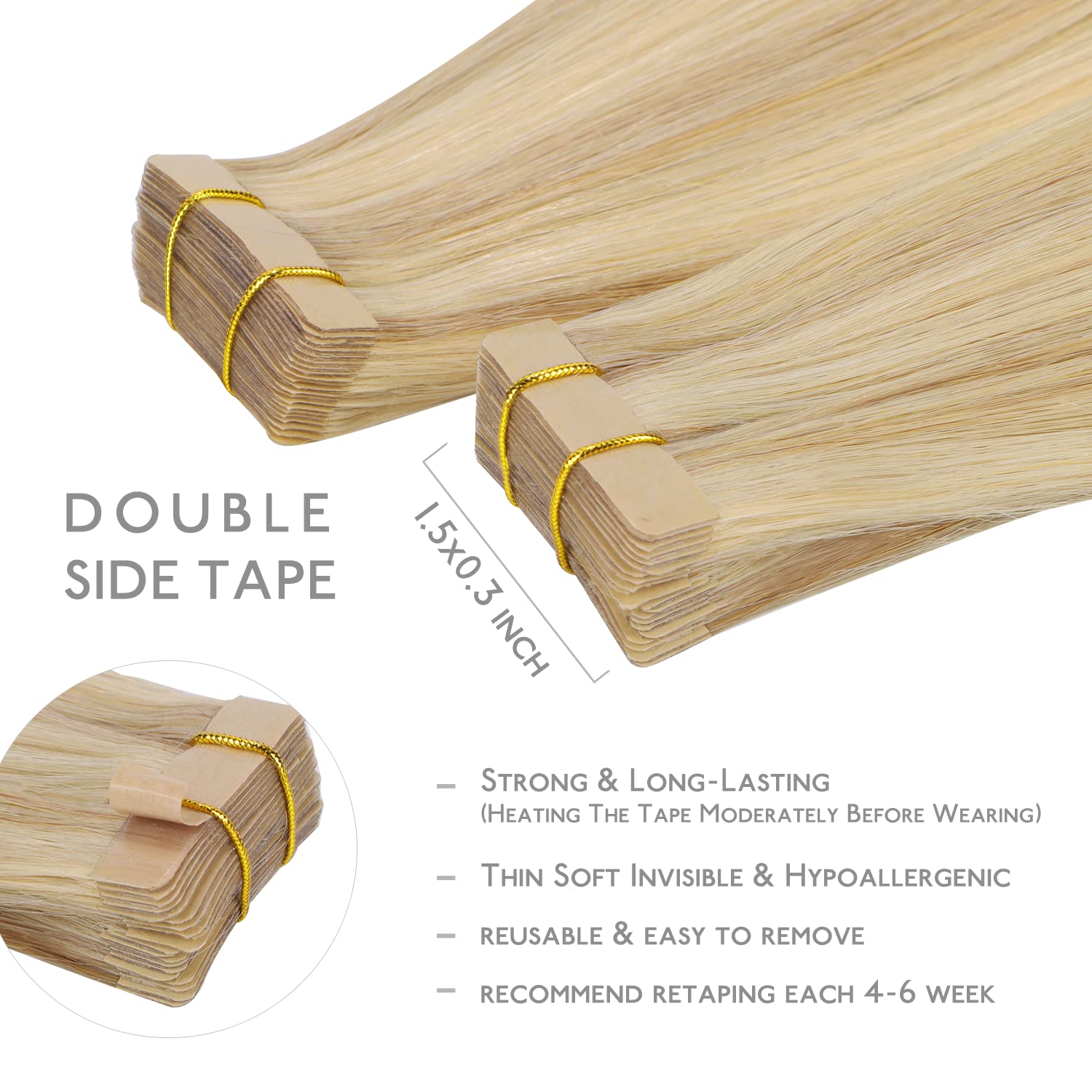 WENNALIFE Tape in Hair Extensions Human Hair, 20pcs 50g 18 inch Light Blonde Highlighted Golden Blonde Remy Hair Extensions Straight Human Hair Tape in Extensions Skin Weft - Image 3