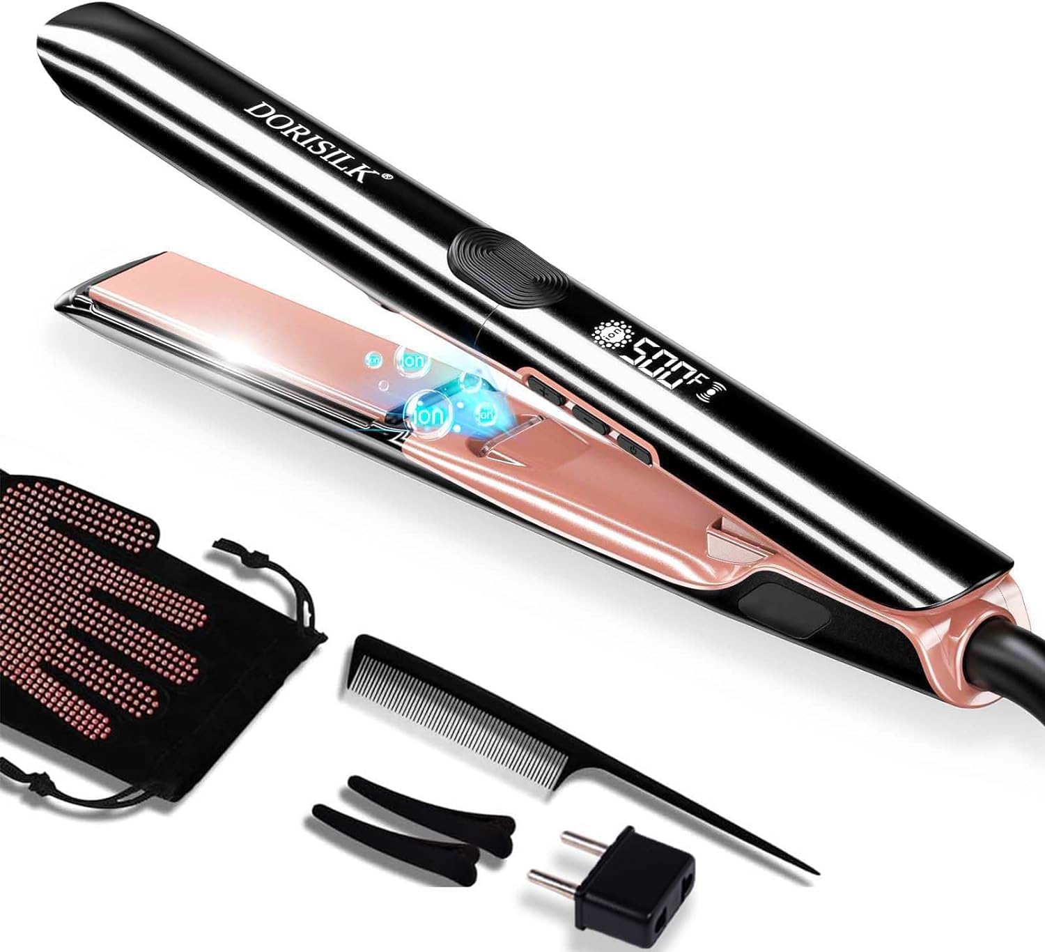 DORISILK 500 Degree High Temp Professional Hair Straightener,30s Fast Heating Ceramic Flat Iron ,2 in 1 Hair Straightener and Curler,Plasma Flat Iron Get Frizz-Free ,Dual Voltage for Travel Using