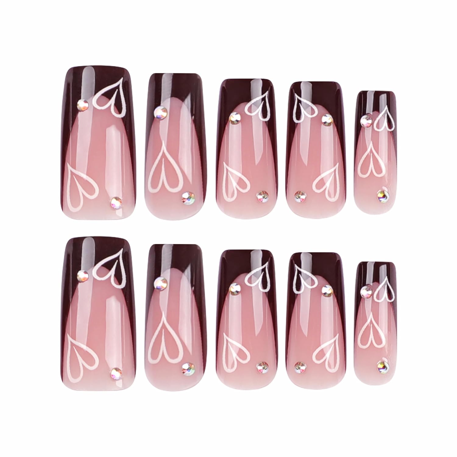 BABALAL Fall French Tip Press on Nails Medium Square Fake Nails Brown Glue on Nails Heart Rhinestone Design Shiny Acrylic Nails 24Pcs Squoval Manicure Artificial Cute False Nails for Women and Girls - Image 2