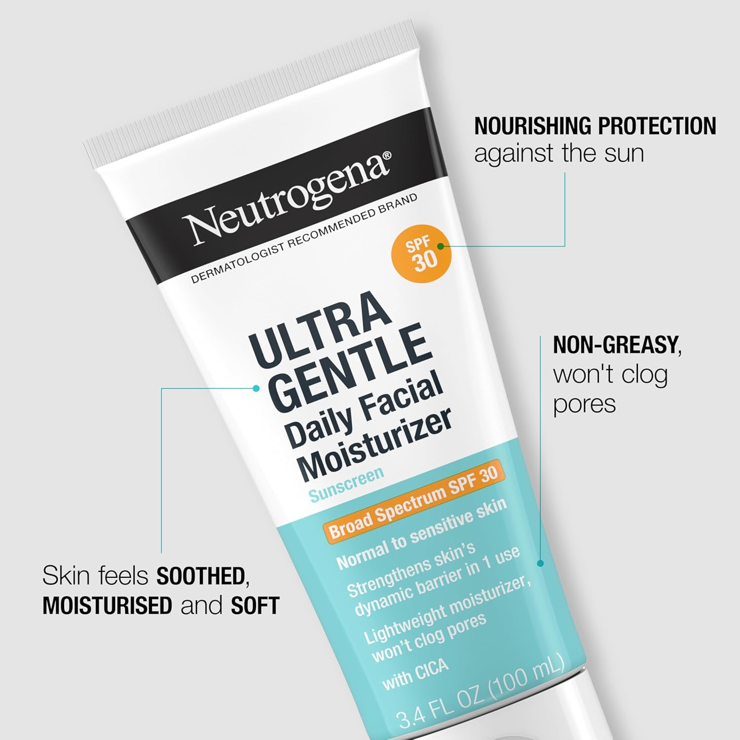 Neutrogena Ultra Gentle Daily Facial Moisturizer with SPF 30 Sunscreen with CICA, Lightweight Face Lotion with Broad Spectrum SPF 30 for Normal to Sensitive Skin, Fragrance-Free, 3.4 fl. oz - Image 5
