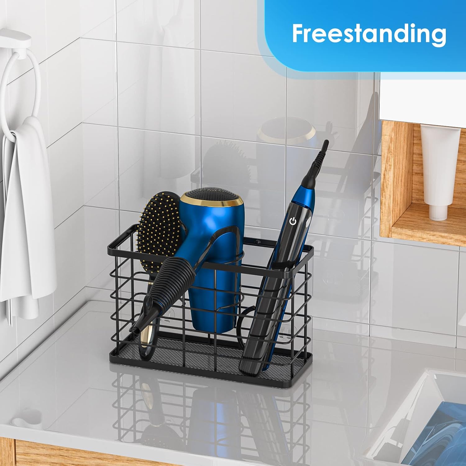 Hair Tool Organizer, Dryer Holder, 3 in 1 Blow Bathroom Organizer Wall Mounted/Cabinet Door for Flat Iron, Curling Straightener, Care & Styling Tools Storage Basket - Image 6