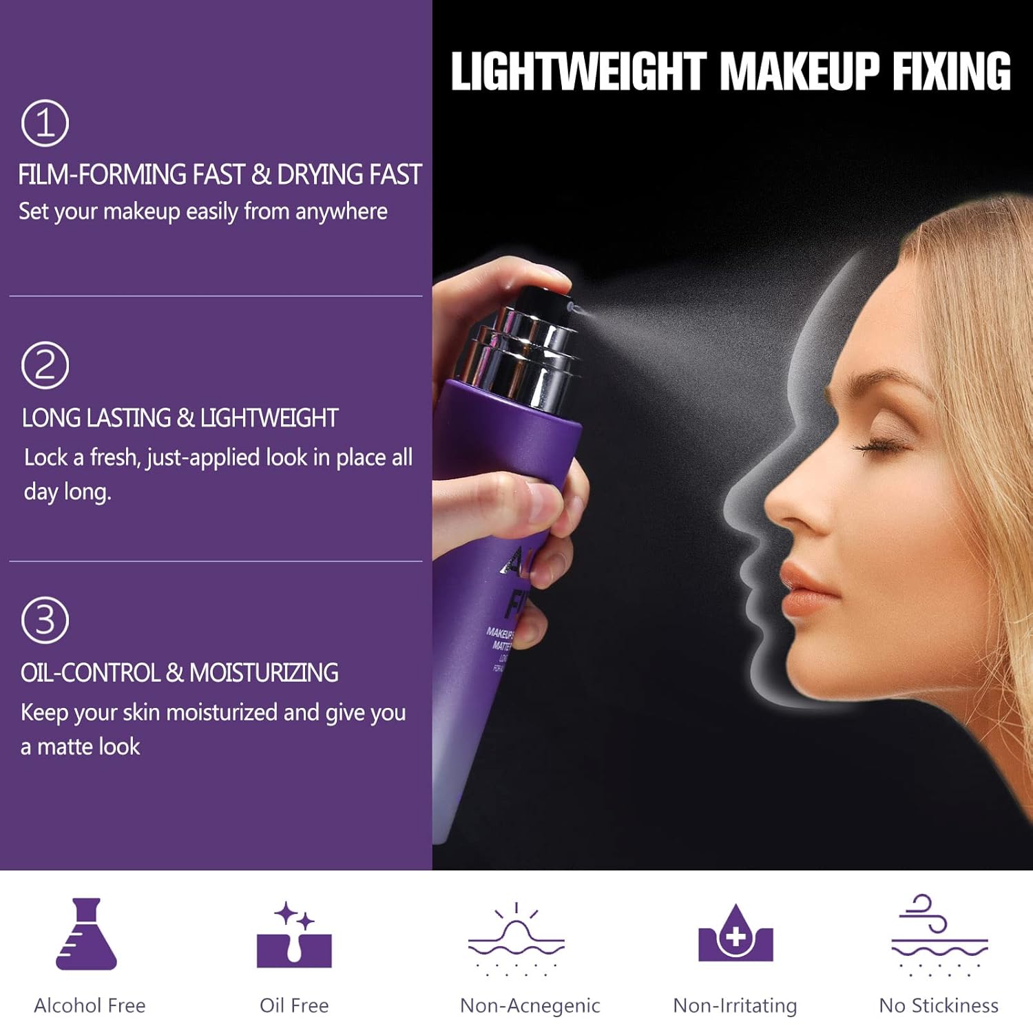 Long Lasting Makeup Setting Spray Kit- 6.76 Fl oz Hydrating Matte Finish Mist Lightweight Face Make up Fixer +Travel Size Spray Bottle+Sponge Puff Makeup Set - Image 5