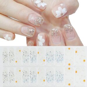 White Flowers Nail Polish Strips Full Wraps Stickers Spring Gel Nail Strips Floral Glitter Design Gel Nails Stickers for Nail Art Decoration Accessories No Uv Light Needed