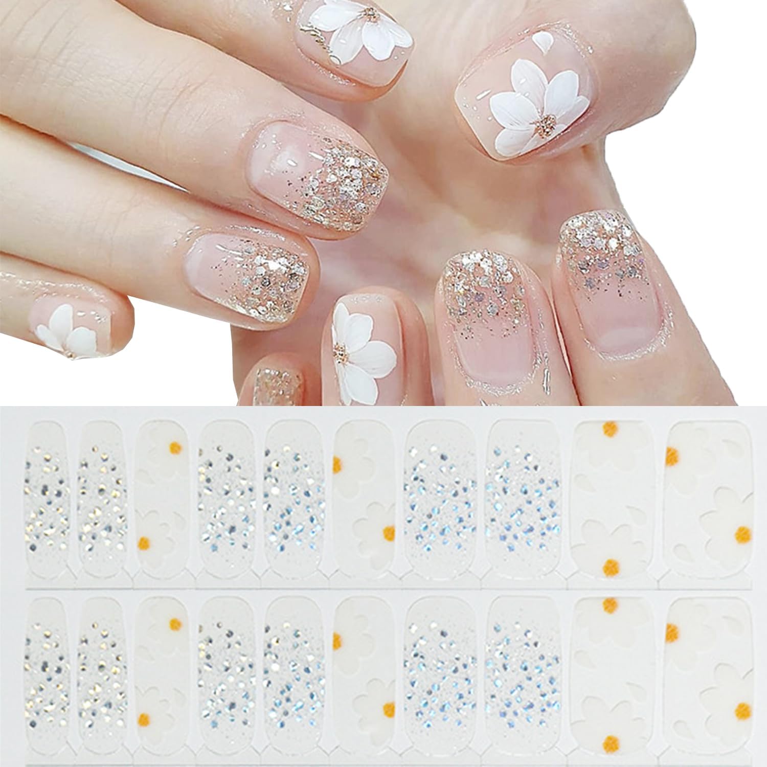 White Flowers Nail Polish Strips Full Wraps Stickers Spring Gel Nail Strips Floral Glitter Design Gel Nails Stickers for Nail Art Decoration Accessories No Uv Light Needed