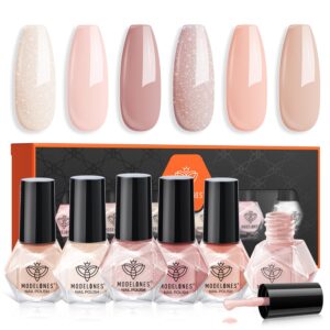 MODELONES Nail Polish Set, 6 Colors Natural Nude Nail Polish Bubble Bath Quick Dry Skin Tone Glitter Spring Summer Nail Polish Kit Fingernail Polish Nail Art Salon Home Easter Gifts For Women Girl