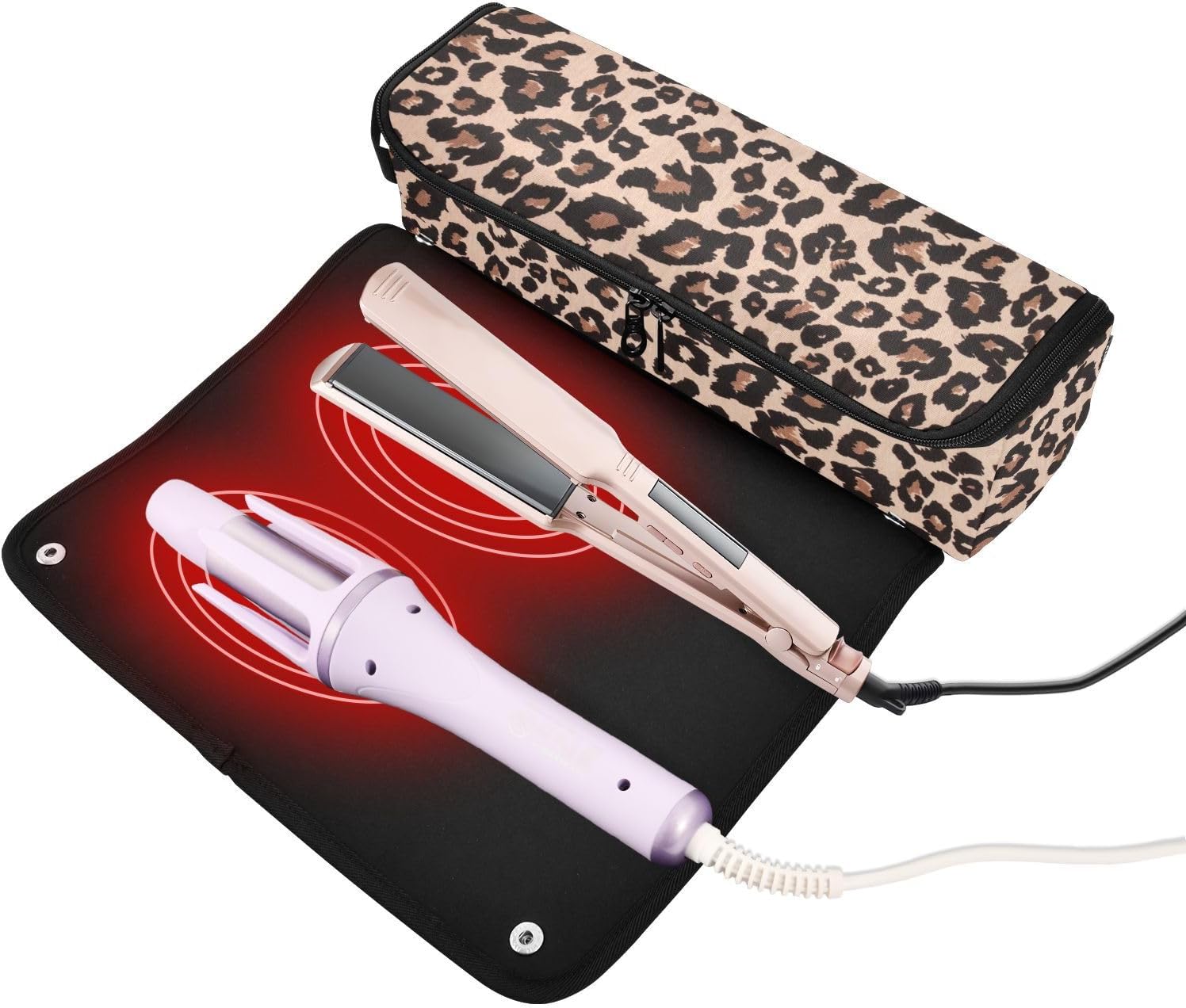 Leopard Print Brown Heat Resistant Travel Bag with Mat for Curling Irons - Image 2