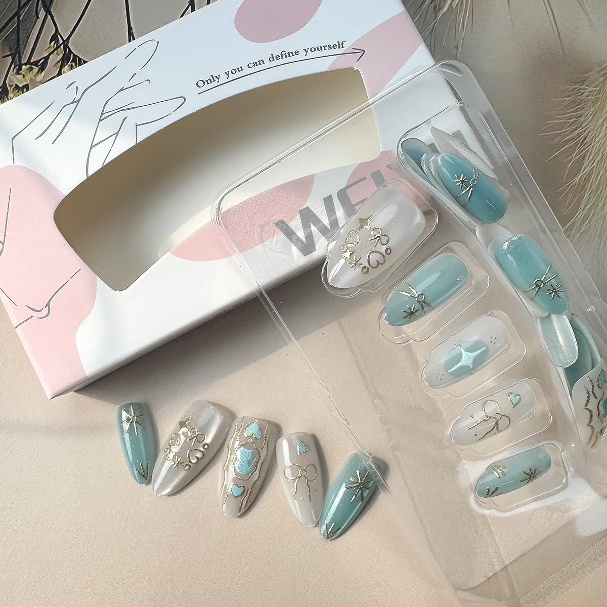 30Pcs Cat Press on Nails Short Almond Fake Nails Blue Cute Cat with Star Rhinestones Design Glitter False Nails Handmade Full Cover Artificial Glue on Nails Spring Summer Stick on Nails for Women - Image 2