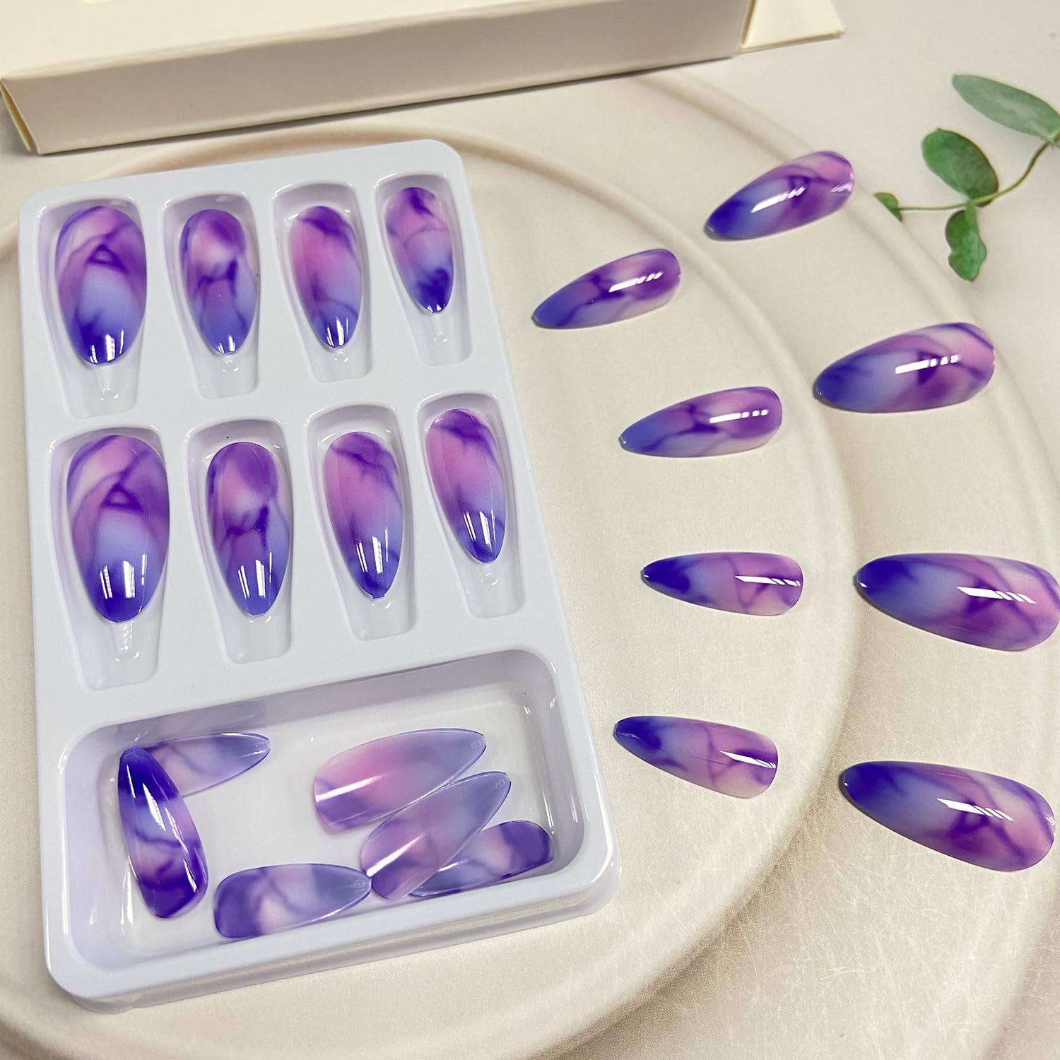 Purple Marble Texture Press on Nails Medium Almond Fake Nails Glossy False Nails Full Cover Stick on Nails Acrylic Artificial Nails for Women Girls Glue on Nails 24Pcs - Image 4