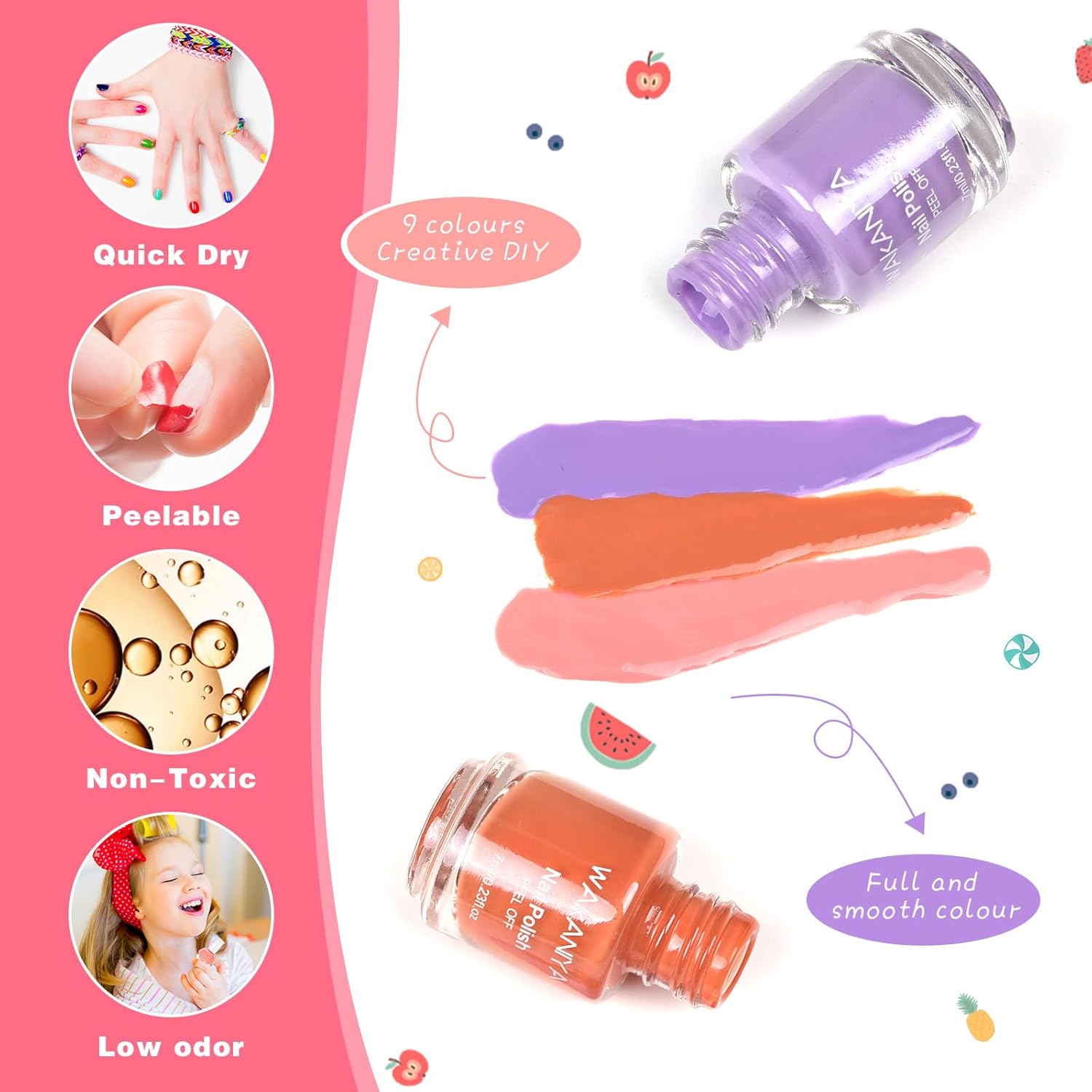Kids Nail Polish for Girls with Gems Stickers, Non-Toxic Peel-Off Quick Dry Mini Nail Polish 9 Colors Set for Ages 3+ - Image 4
